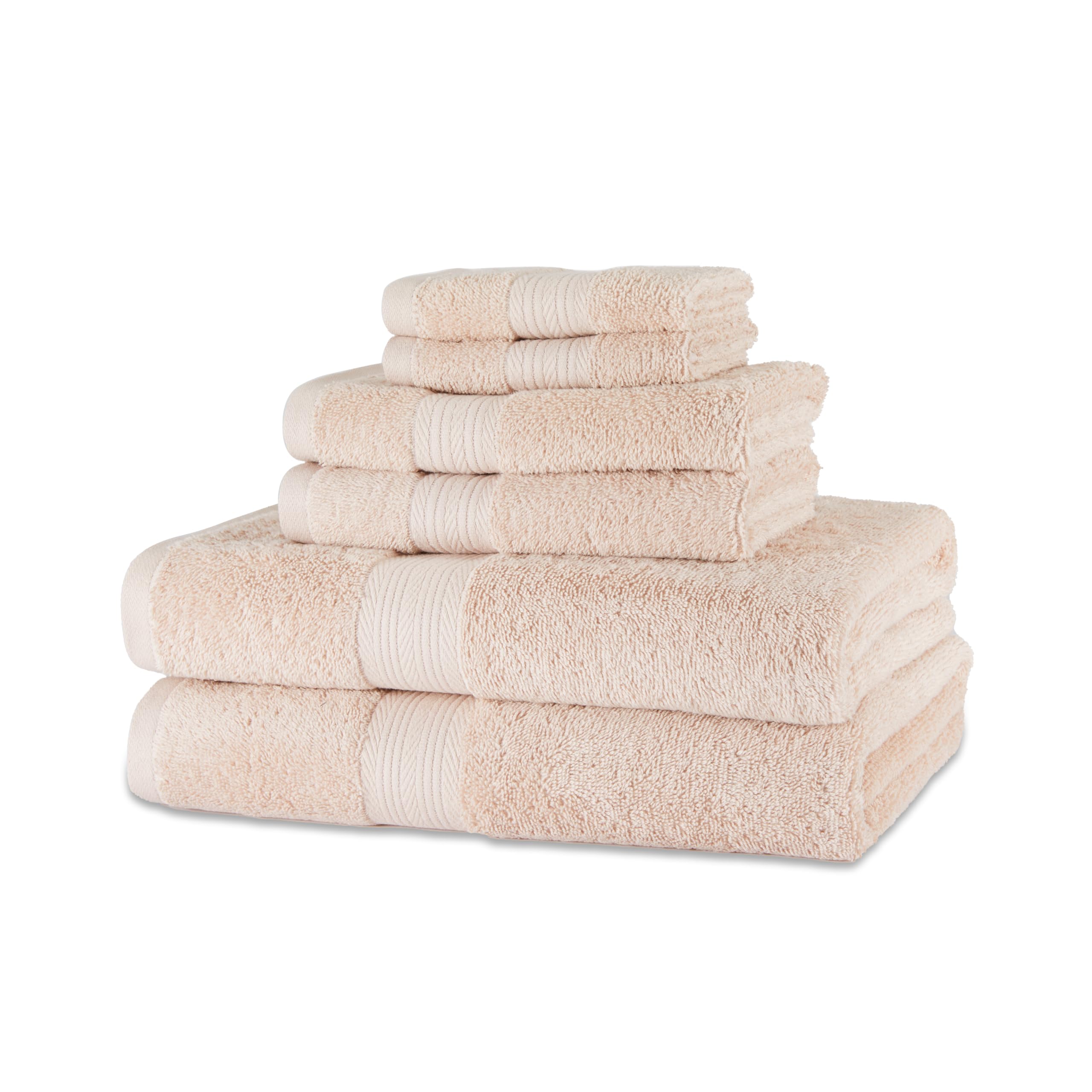 Amazon Basics 6-Piece Organic Cotton Bath Towel Set, Soft and Absorbent Bathroom Towels, Fade Resistant, 2 Bath + 2 Hand + 2 Flannel Face Cloths, Blush Pink