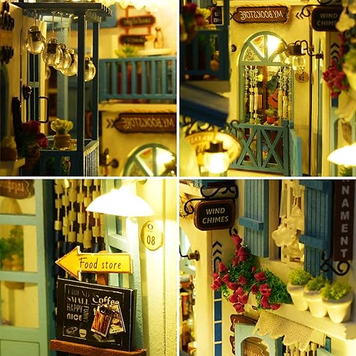 Miniatura 5 de Spilay Kit de rincón de libros para bricolaje, kit de casa de muñecas en miniatura con muebles y LED, rompecabezas de madera 3D para estantería,