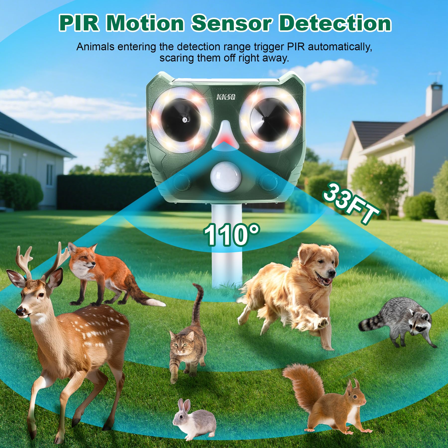 Répulsif solaire à ultrasons pour animaux d'extérieur et d'intérieur avec design de forme bionique, dispositif répulsif étanche avec détecteur de mouvement pour chat, chien, oiseau, lapin, écureuils