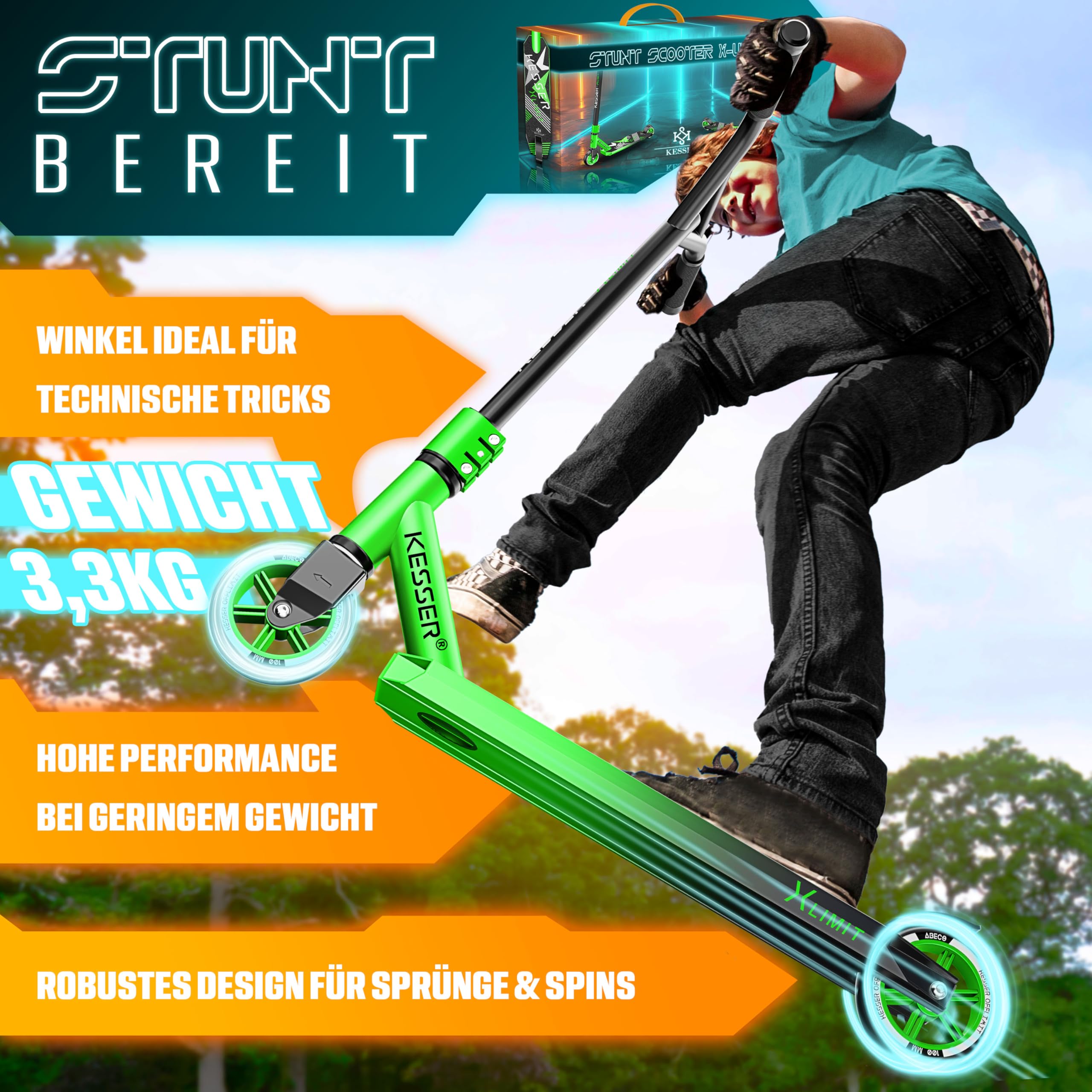 KESSER® Trottinette Freestyle | Trottinette Freestyle X-Limit | Direction à 360° | Roulements à Billes ABEC 9 de 100 mm | Roues en polyuréthane | Robuste | Vert