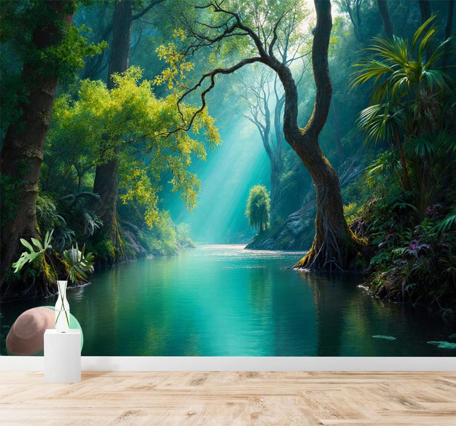 XLMING Fresh Forest Tropical River Sunshine Green Trees 3D Wallpaper Silky Texture Home Study Office Grey Dining Room Sofa Bedroom Living Room TV Backdrop-350cm×256cm