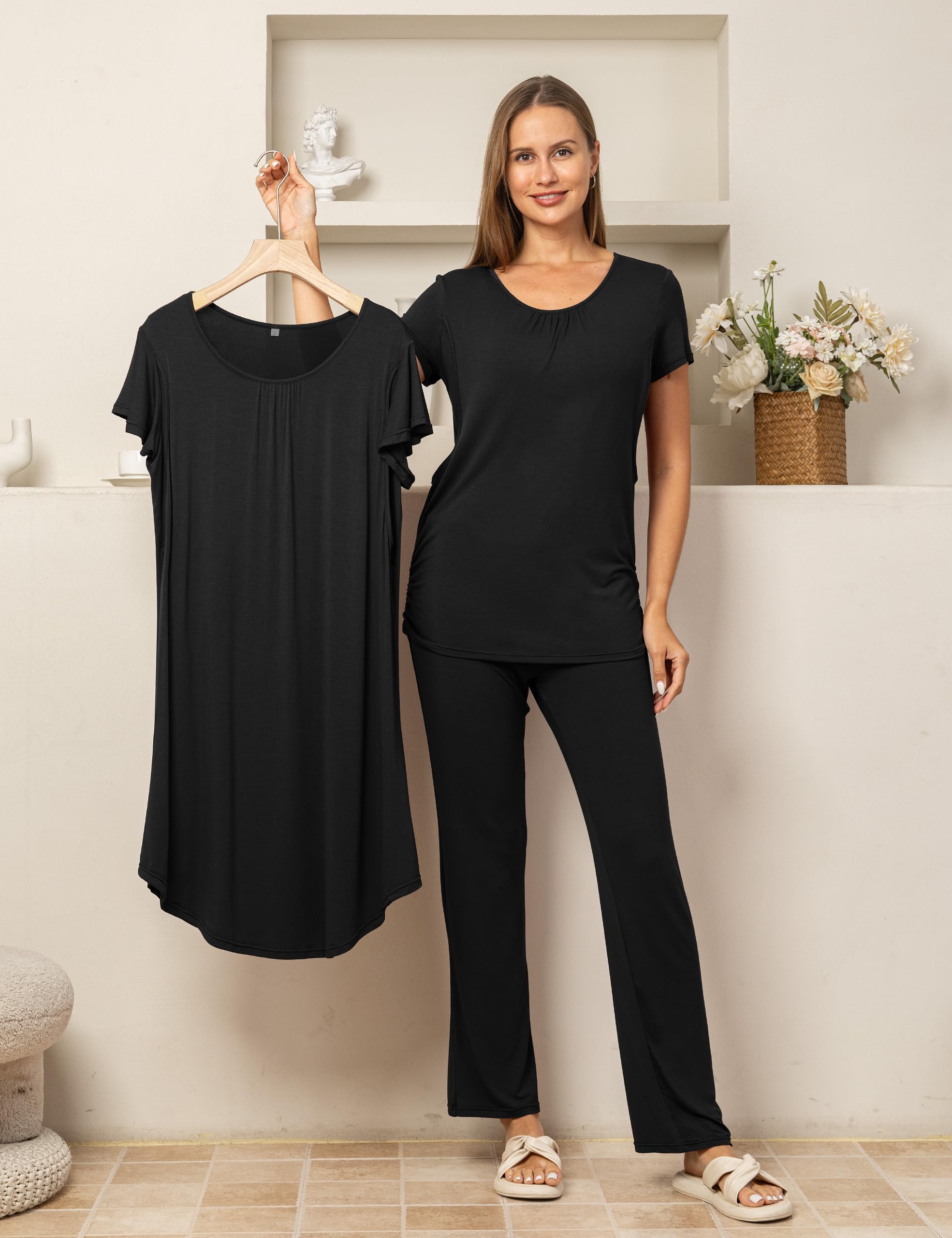 SUNNYBUY Damen Stillnachthemd, Kleid und kurzärmeliges Still-Top und Schwangerschaftshose, 3-teiliges Set