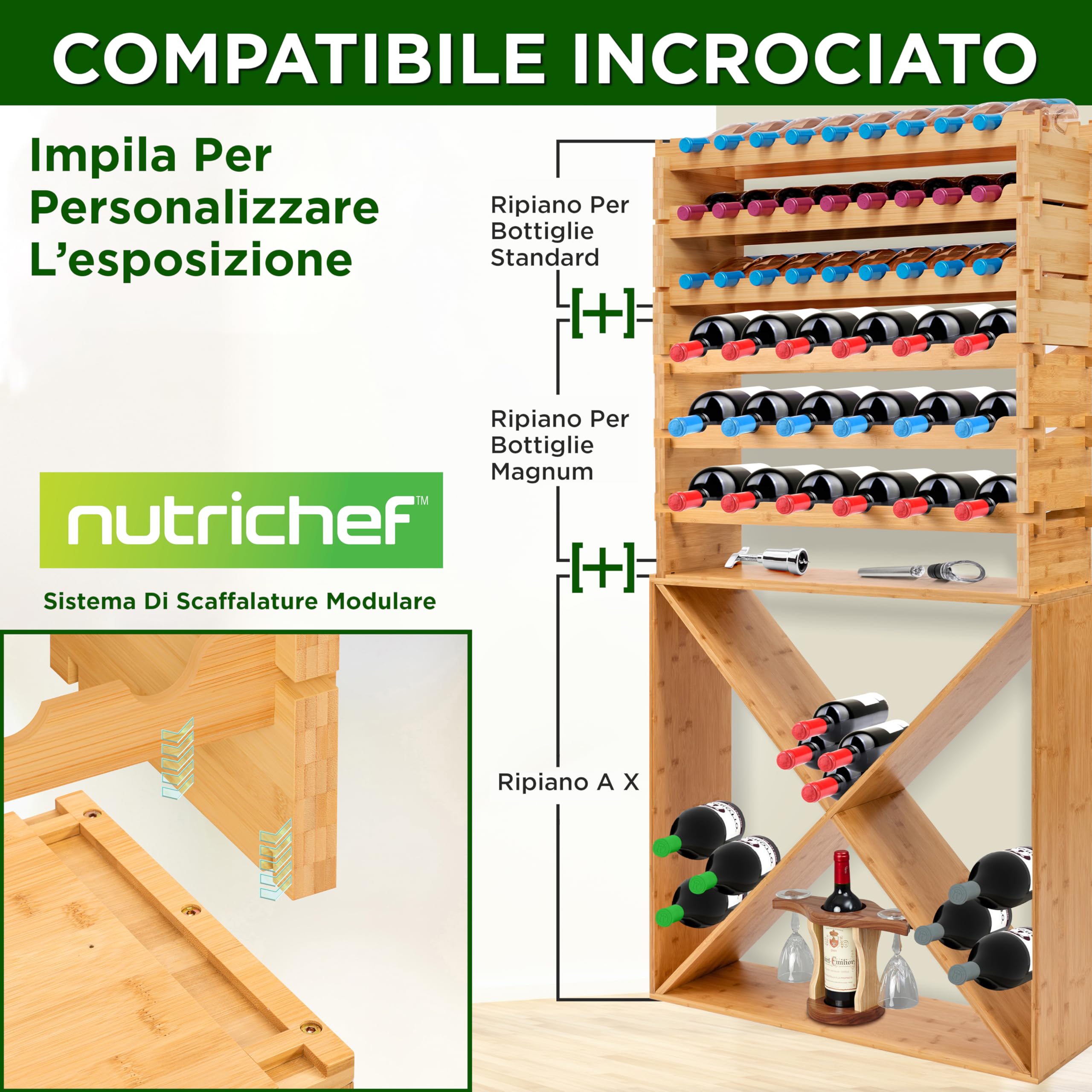 NutriChef Portabottiglie Vino Modulare in Bambù, Cantinetta Vino Legno Impilabile a 4 Ripiani per 24 Bottiglie Formato Magnum (Diametro 10 cm), Design a Croce 2x