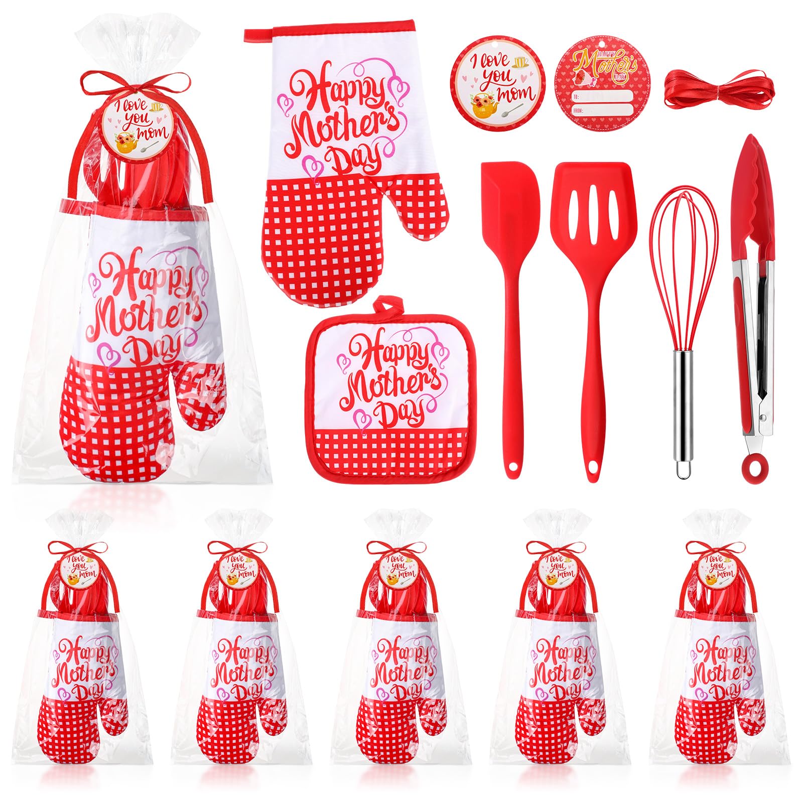 Maxdot Juego de 42 manoplas de horno y soportes para ollas para el Día de la Madre, color rojo, de 10 pulgadas, con tarjeta de regalo, el mejor regalo de cocina para mamá