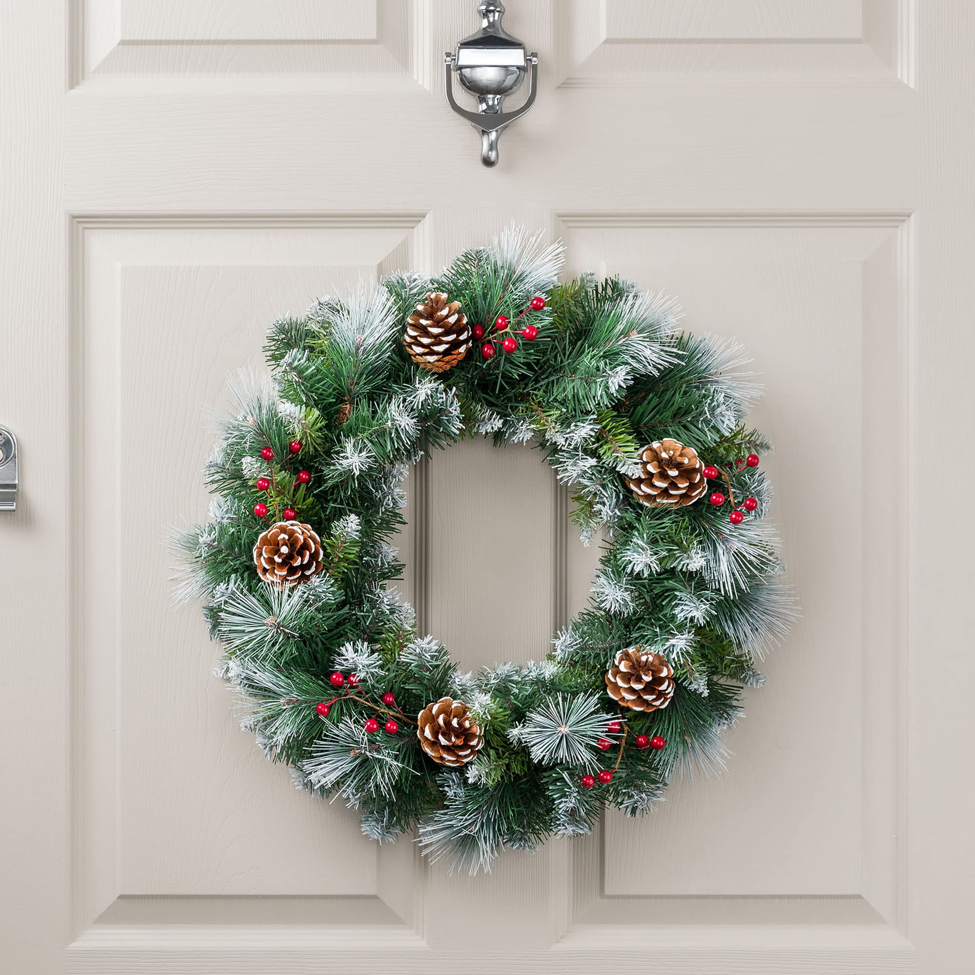 Christow Green Flocked Christmas Wreath With Pine Cones & Berries For Front Door, Luxury Pre Decorated Artificial Wreath, Home Xmas Decoration, Natural Looking Pe & Pvc Needles, Easy Hanging (45Cm)
