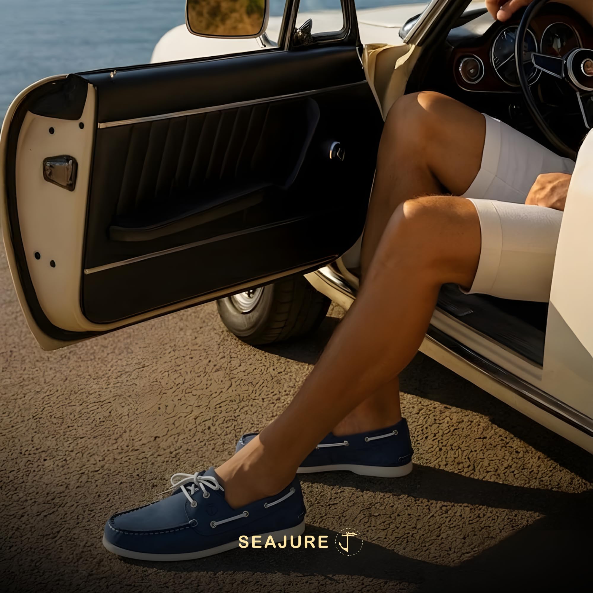 Seajure Trebaluger Bootsschuhe Herren Leder, Blau, Premium Segelschuhe, Mokassins, Slipper, Halbschuhe aus Echtleder Nubuk, rutschfeste Non Marking Gummisohle, handgefertigt in Portugal
