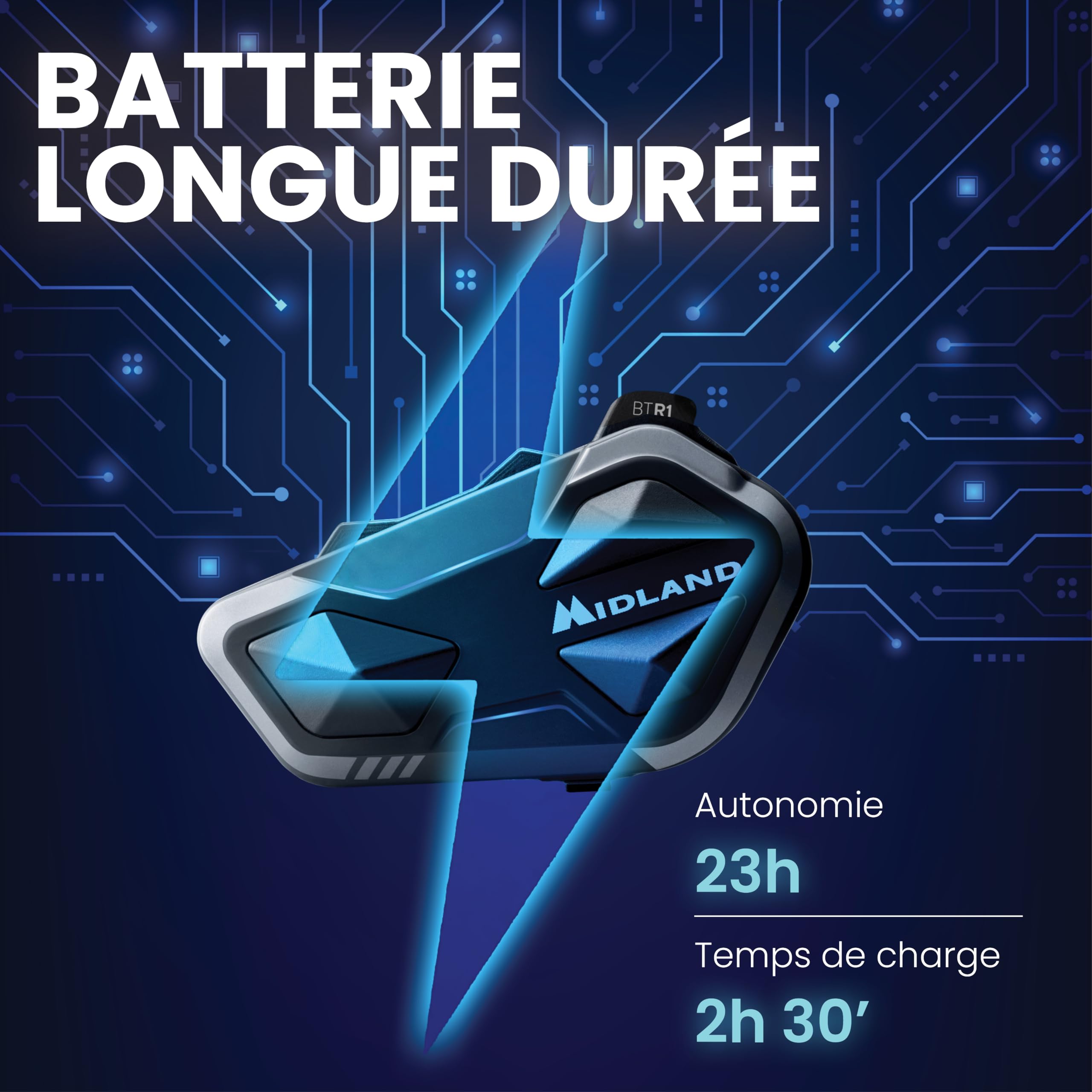 Midland- Intercom Moto BTR1 Individuel, Écouteurs Bluetooth sans Fil Casque Moto Étanche IPX6 Portée 800m, 4 Personnes Conference, Batterie 23H, Parallel Audio Connexion GPS/Musique Conforme ECE 22.06
