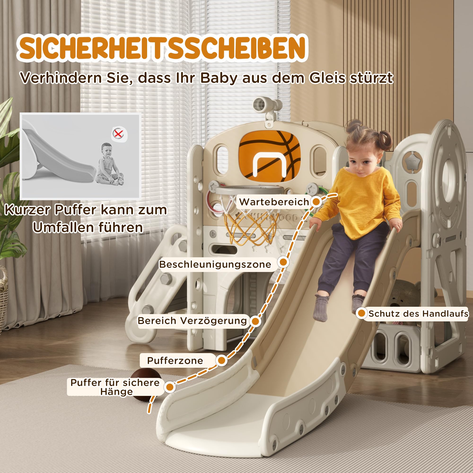 AIYAPLAY Kinderrutsche 7-in-1 mit Basketballkorb für Indoor & Outdoor | Kleinkinderrutsche Klettergerüst, Teleskop, Tunnel, Plattformgang, Aufbewahrungskorb, für 1 bis 6 Jahre Kinder