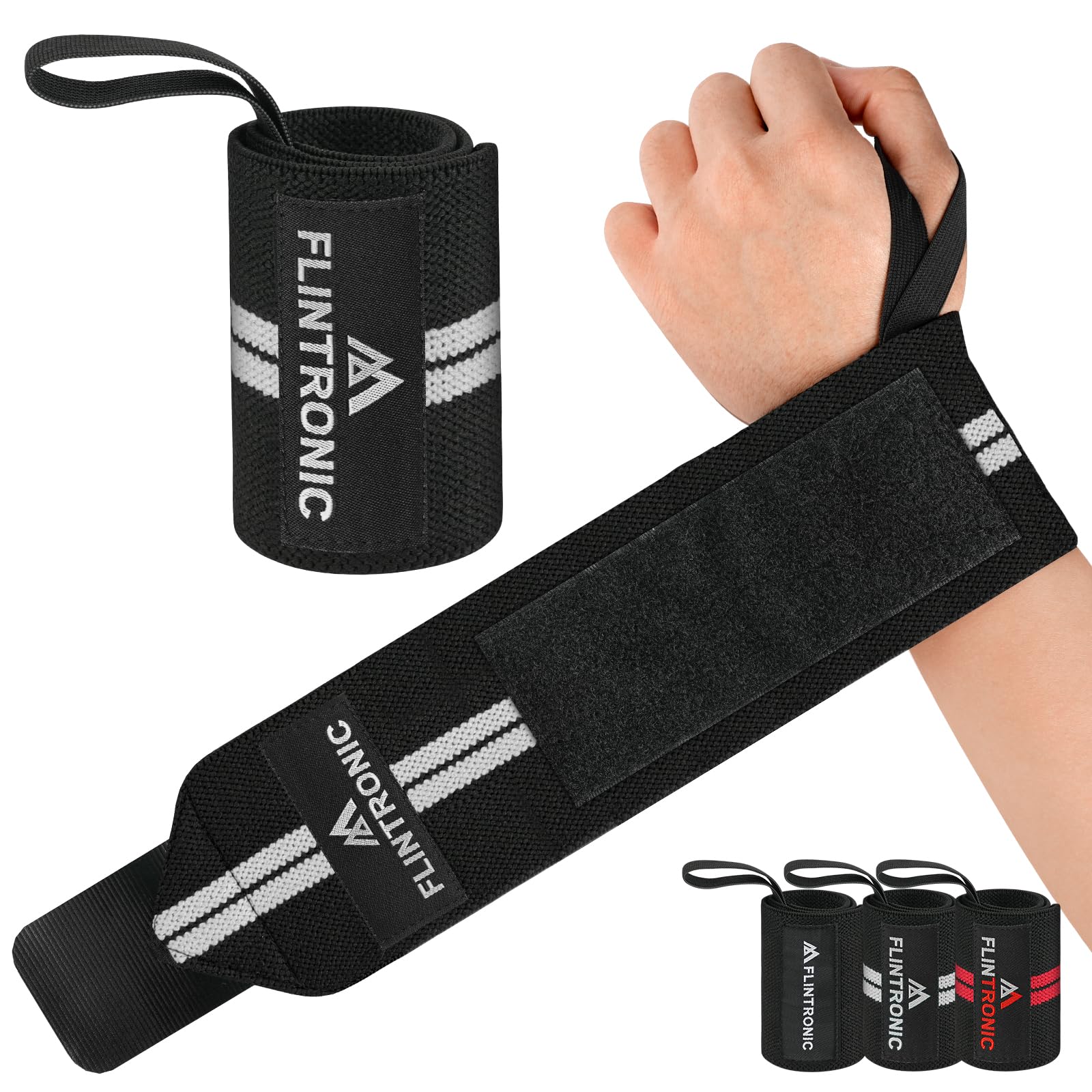 flintronic Fasce Polsi Sollevamento Pesi Cinghie, Polsiere per Fitness, con Anello per Pollice, Elasticità Cinturino di Supporto per Il Polso, per Powerlifting, Bodybuilding & Allenamenti di Forza