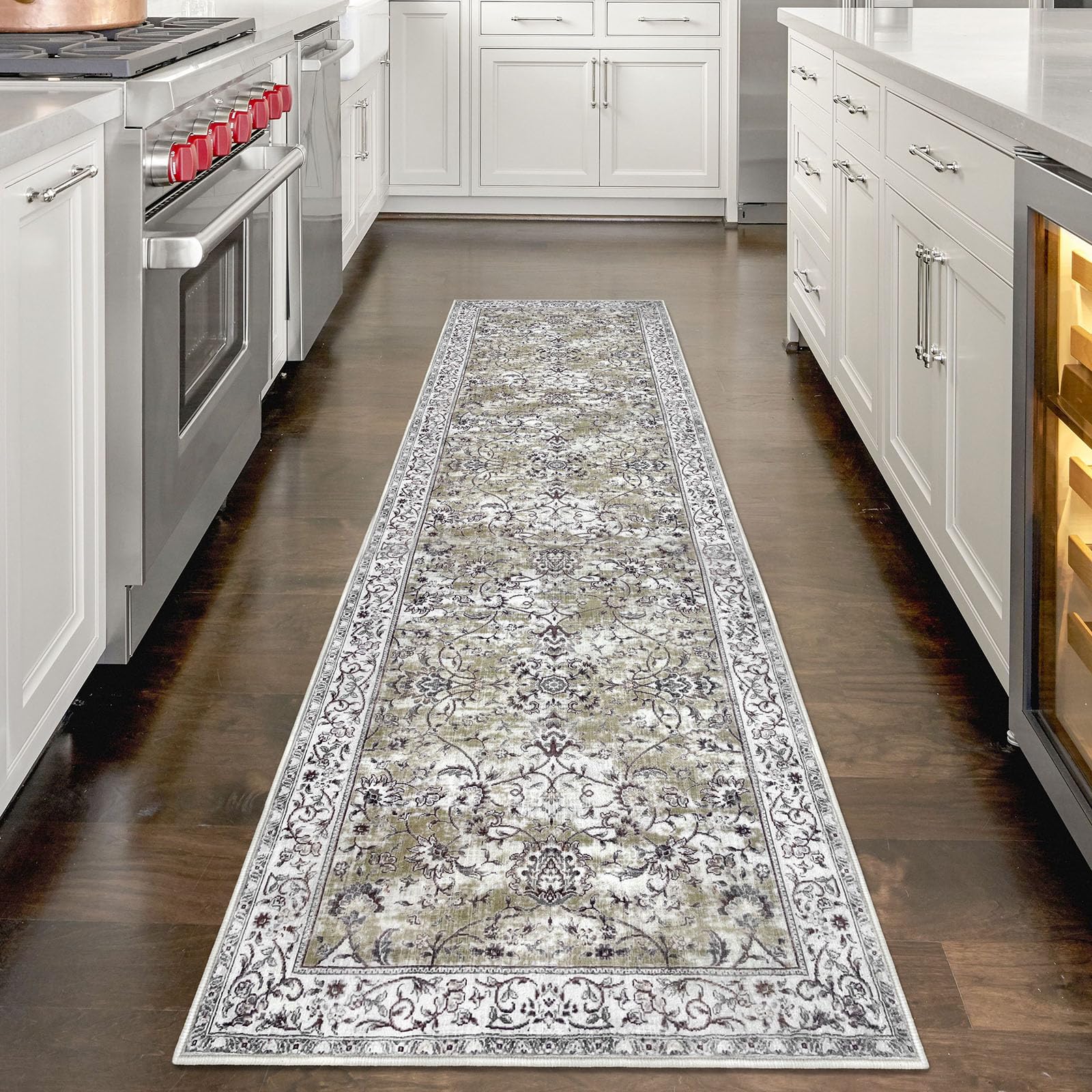 KILOCOCO Moroccan Kitchen Runner Rug 2x7 Runner Rug Washable Hallway Runner Rug Vintage Floral Rug Non-Slip Runners Low Pile Distressed Boho Rug Runners for Bathroom Laundry Room Bedroom, Mossy Taupe