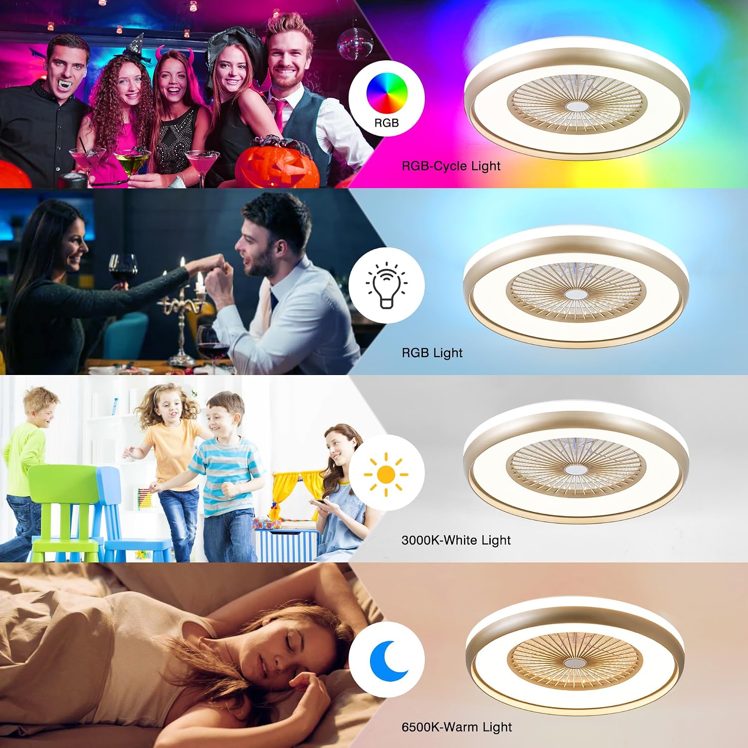 24" Low Profile Ceiling Fan with RGB Lights, Bladeless Ceiling Fan with Remote/APP/Voice Control, 6 Speeds Flush Mount Smart Ceiling Fan for Kids Bedroom/Kitchen/Dining Room