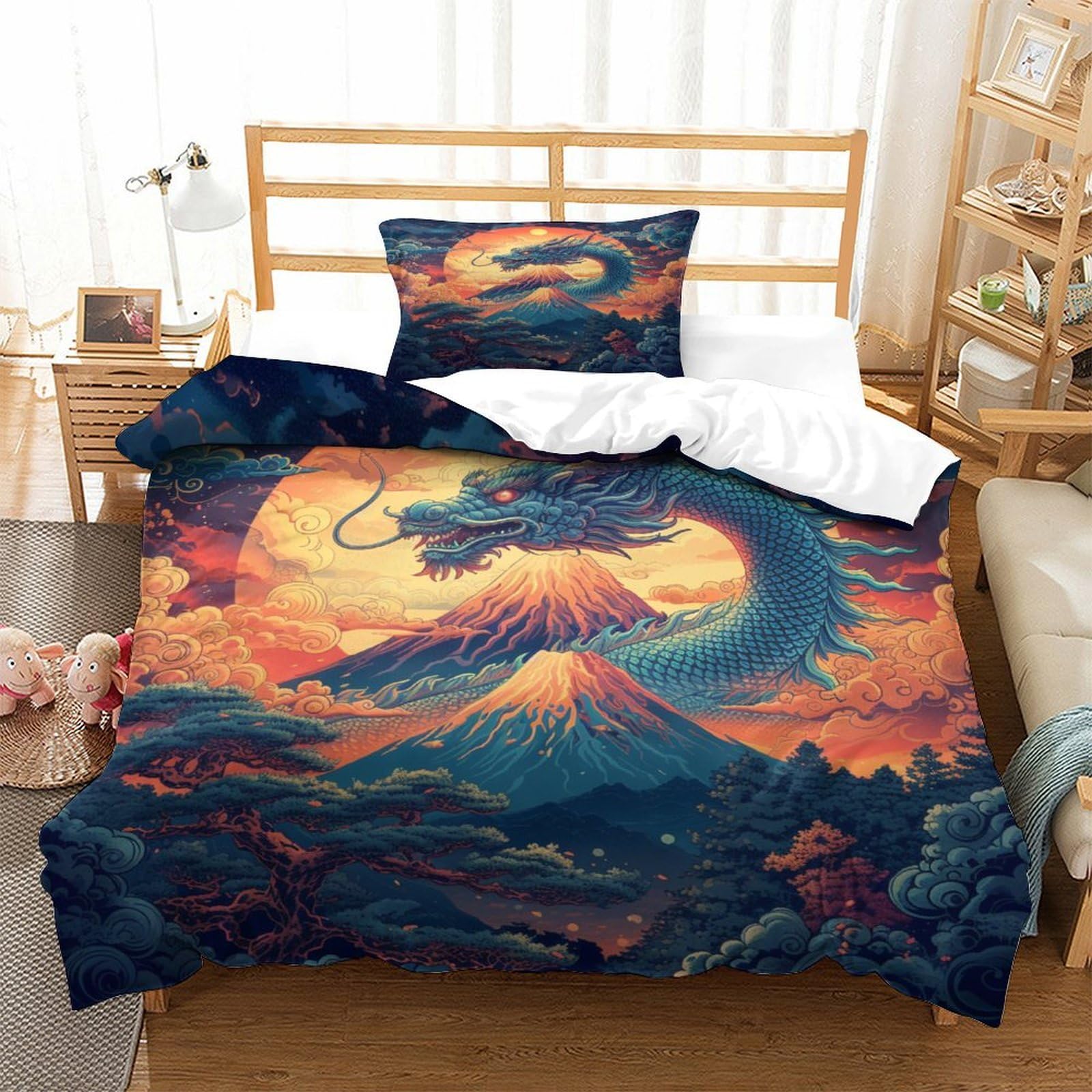 YYVKPMLXC 3D Dragon Printed Duvet Cover Set,Cloud Sea Sunset Bedding Set Soft Microfiber Quilt Covers 2 Piece, Comforter Cover with Zipper Closure for Girls Boys Bedroom Single（135x200cm）