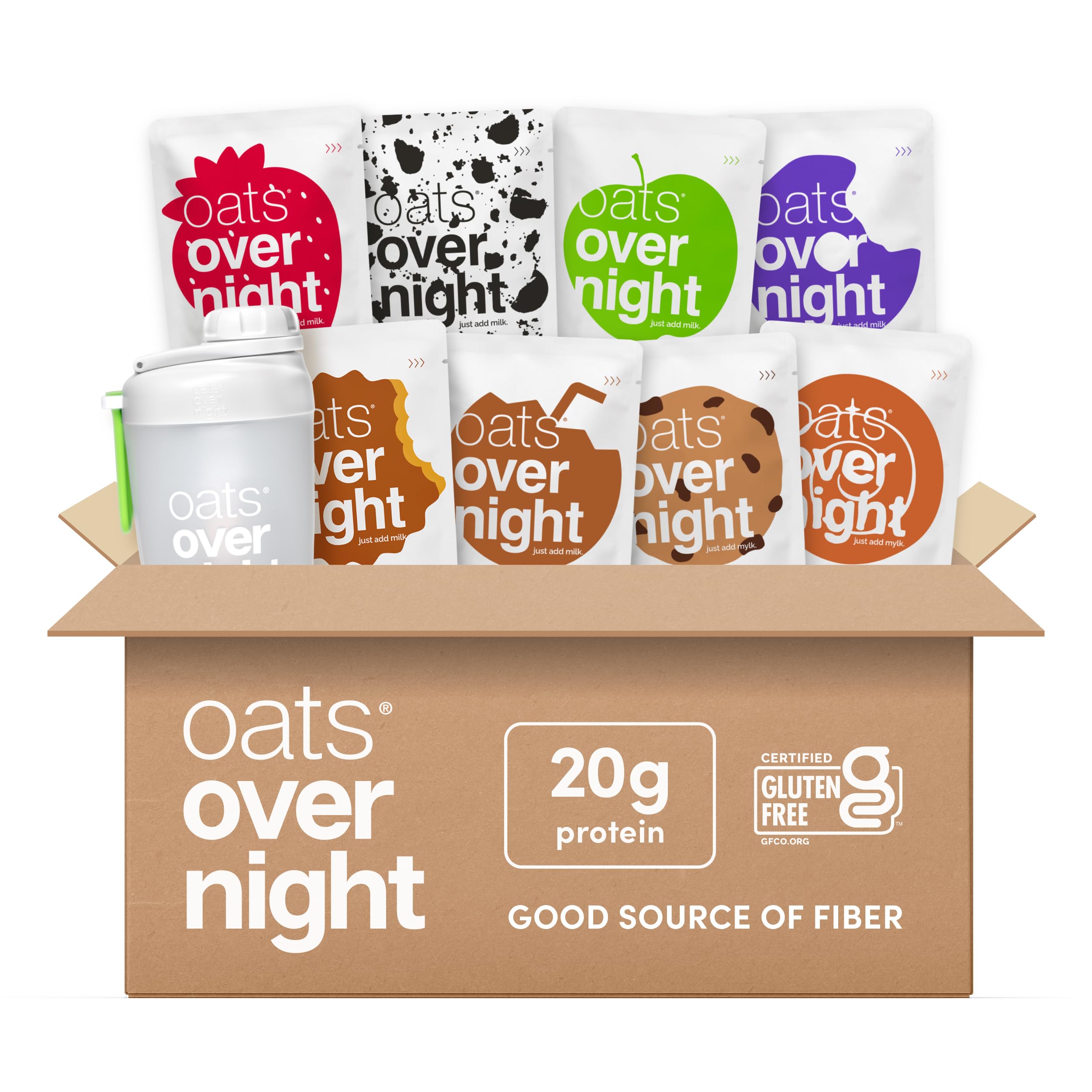 Oats Overnight Party Variety Pack - High Protein, High Fiber Breakfast Protein Shake - Gluten Free Oatmeal, Non GMO Oatmeal - Cookies & Cream, Coconut Cream Pie & More Flavors (8 Pack + BlenderB