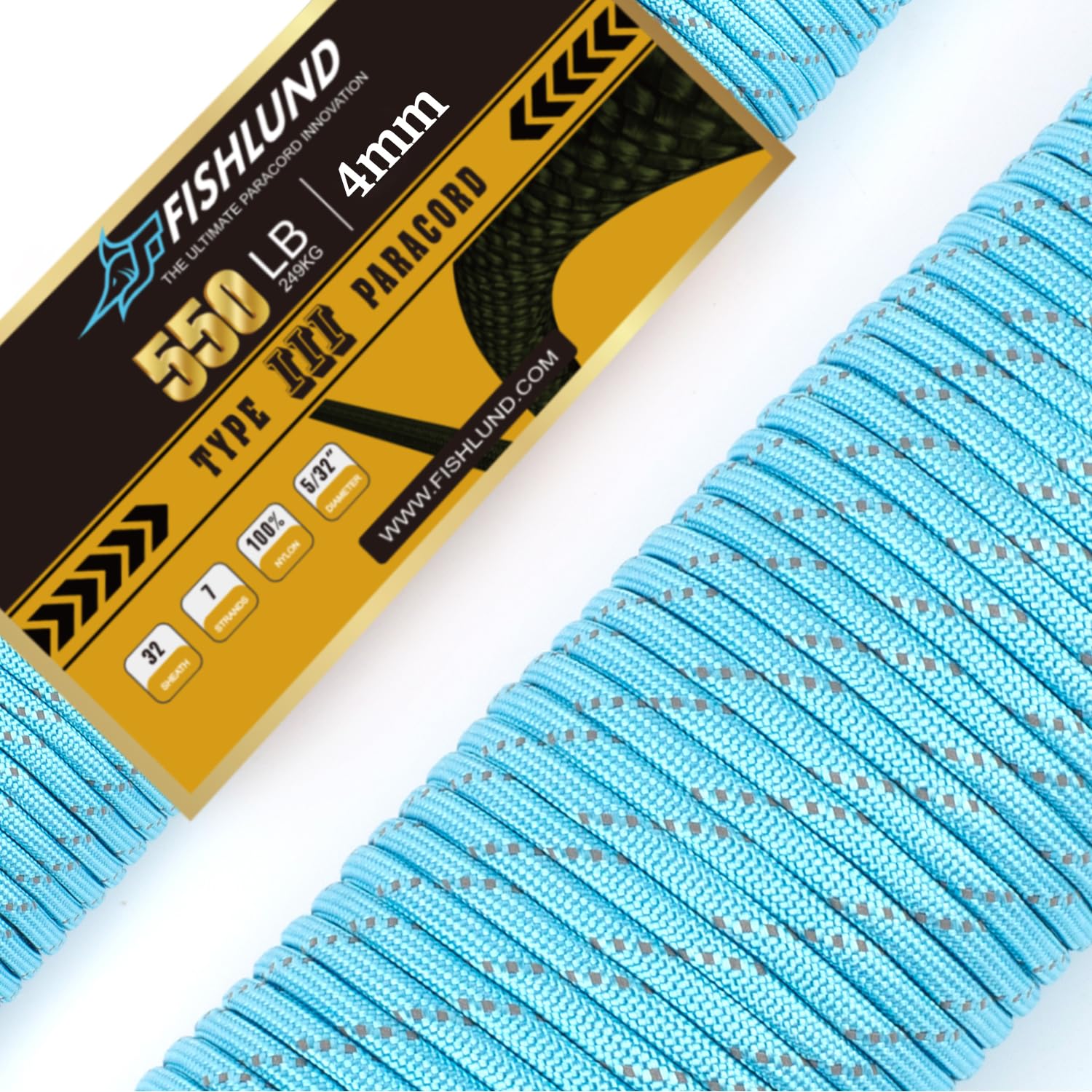 Fishlund Reflective Lake Blue Reflective Paracord 550 Lb, 7 Strand Paracord Rope 100Ft 4Mm, Nylon Parachute Cord For Camping, Lake Blue