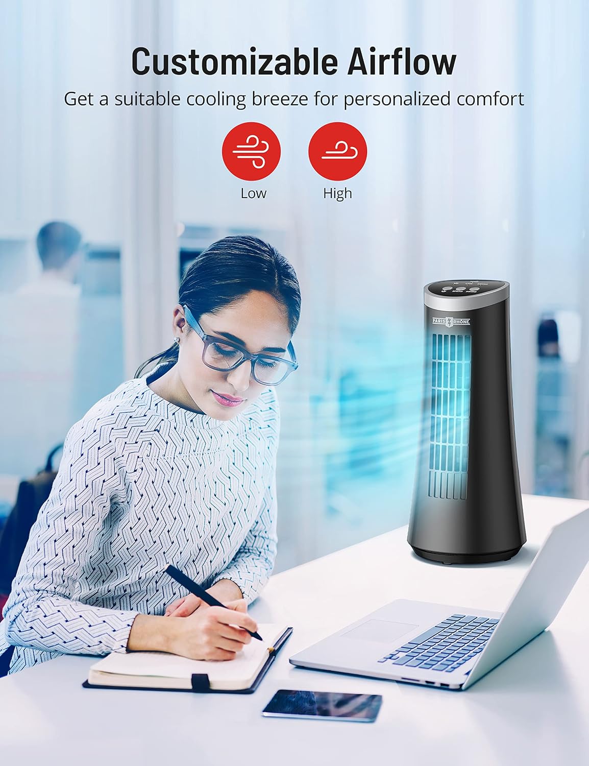 PARIS RHÔNE Small Tower Fan, 75° Oscillating Tower Fan with 2 Speeds, 12'' Cooling Desk Table Fan Portable Bladeless Fan for Bedroom Home Office Desktop