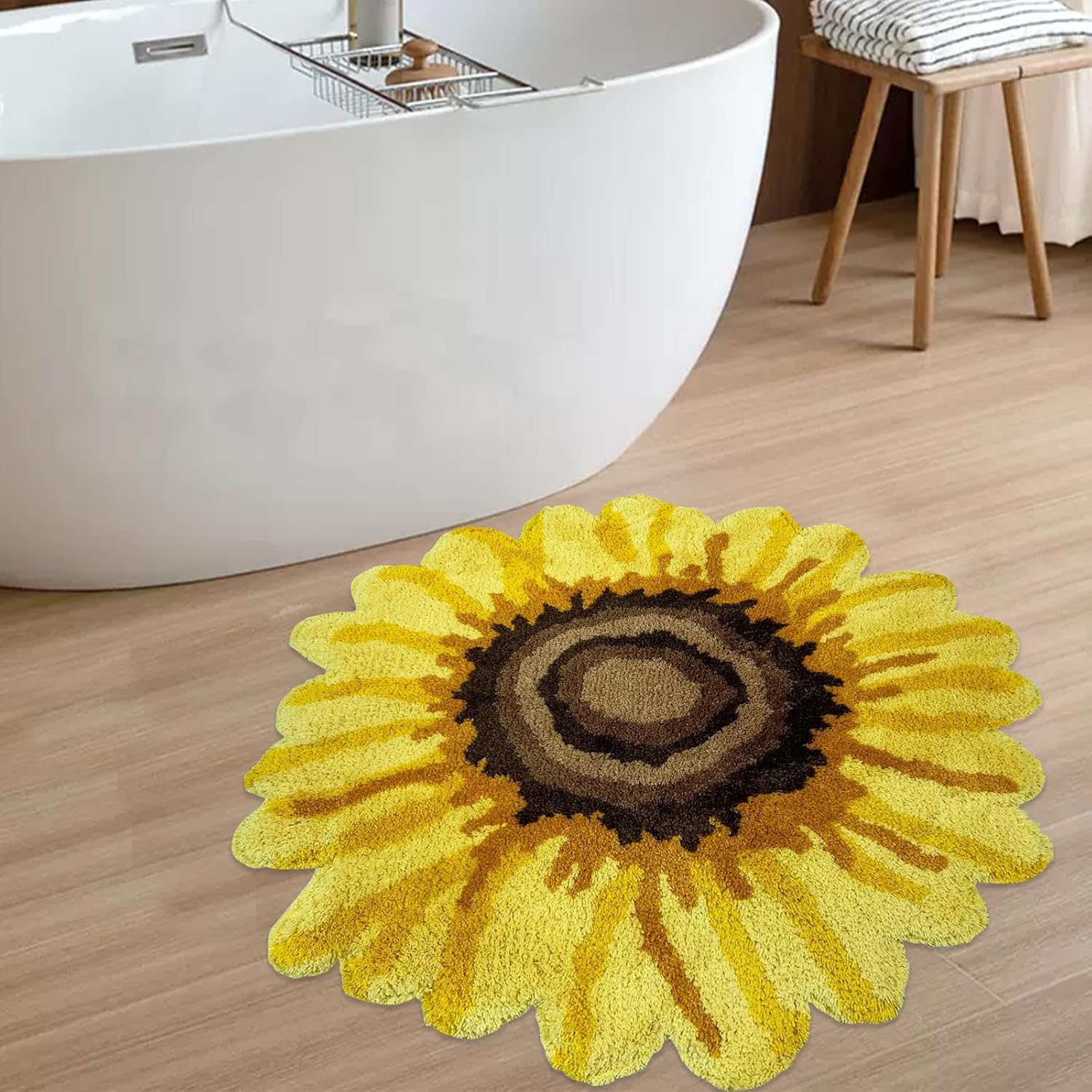 Sunflower Rugs, Shaggy Yellow Floral Area Rugs Cotton Handmade Sunflower Carpet Non-Slip Absorbent Farmhouse Rugs for Doormat Kitchen Bathroom Home Decor, 27.5''x27.5''