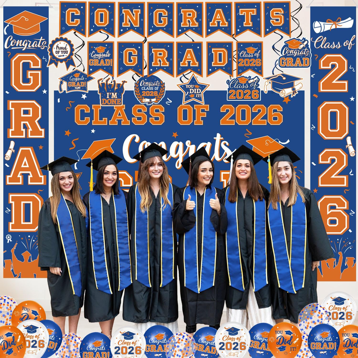 Graduation Blue and Orange Decorations 2026 Include Grad Backdrop, Banner, Hanging Swirls, Porch Sign, Balloons for Congrats Grad Party Decorations