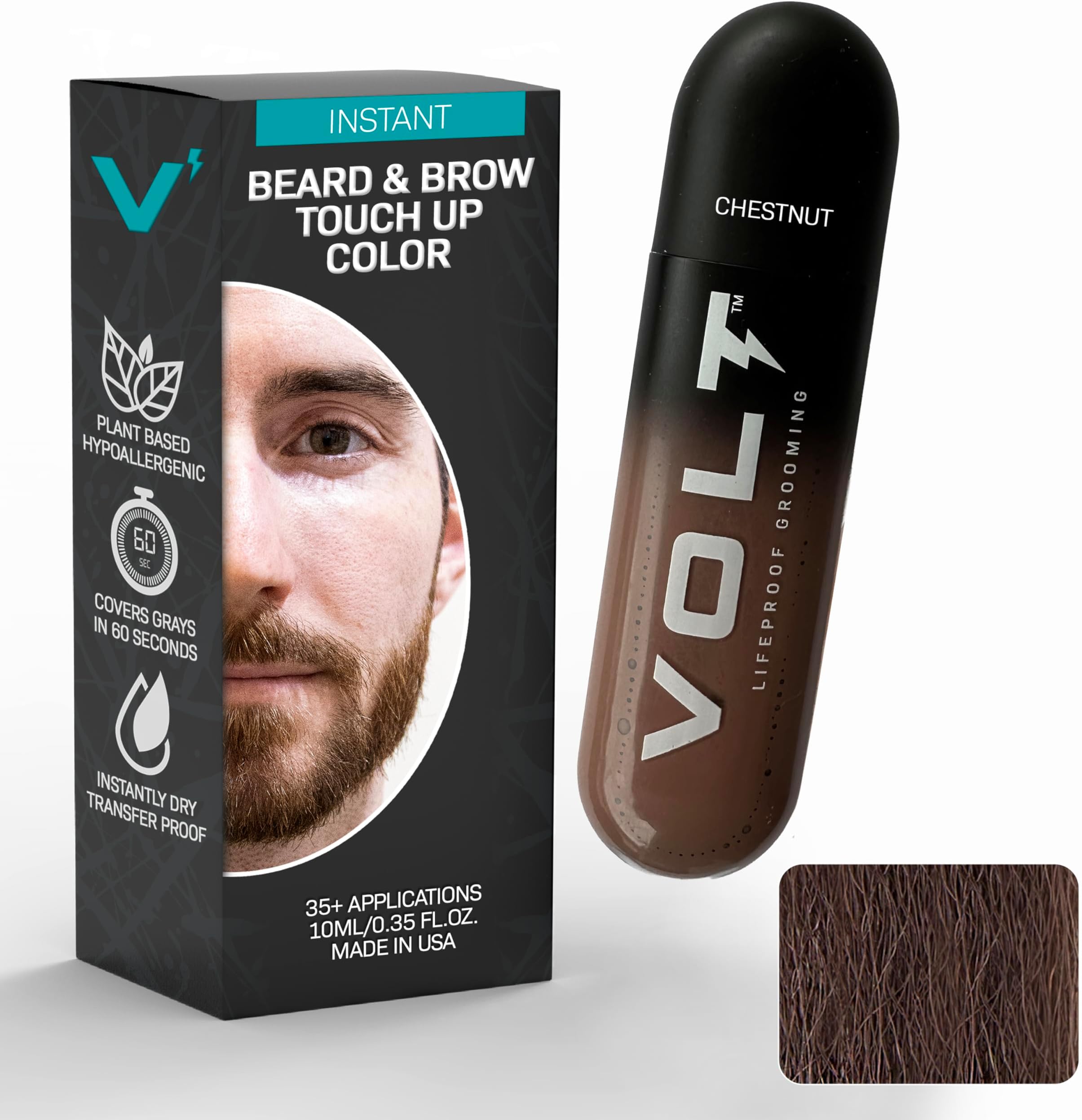 VOLT Grooming Temporary Instant Beard Color for Men, Quick Drying Plant-Based Brush On Beard, Hair, Mustache & Eyebrow Color, Safe for Sensitive Skin, Chestnut Brown Red, 1 Pack, Up to 35 Applications