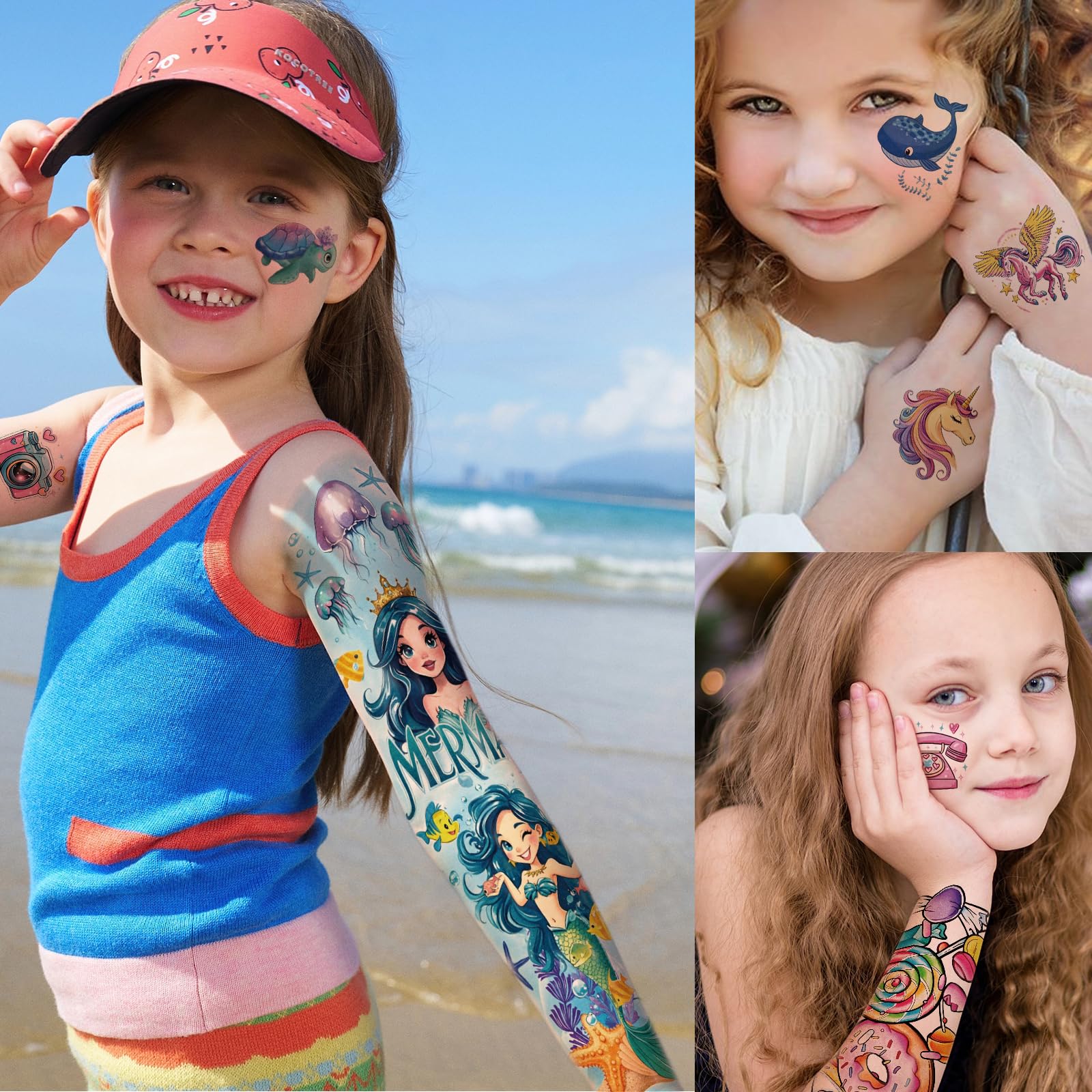 52 tatuajes temporales para niños, de brazo completo, sirena, mariposa, gato, camión, dinosaurio, cohete, planeta, lindo animal, cara, tatuajes de brazo falso para niñas y niños, calcomanías de 4