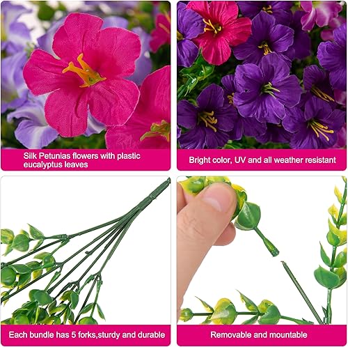Vista 8 de INSPRING Flores artificiales para exteriores, cestas colgantes de plantas sintéticas, decoración de primavera, resistente a los rayos UV, seda falsa