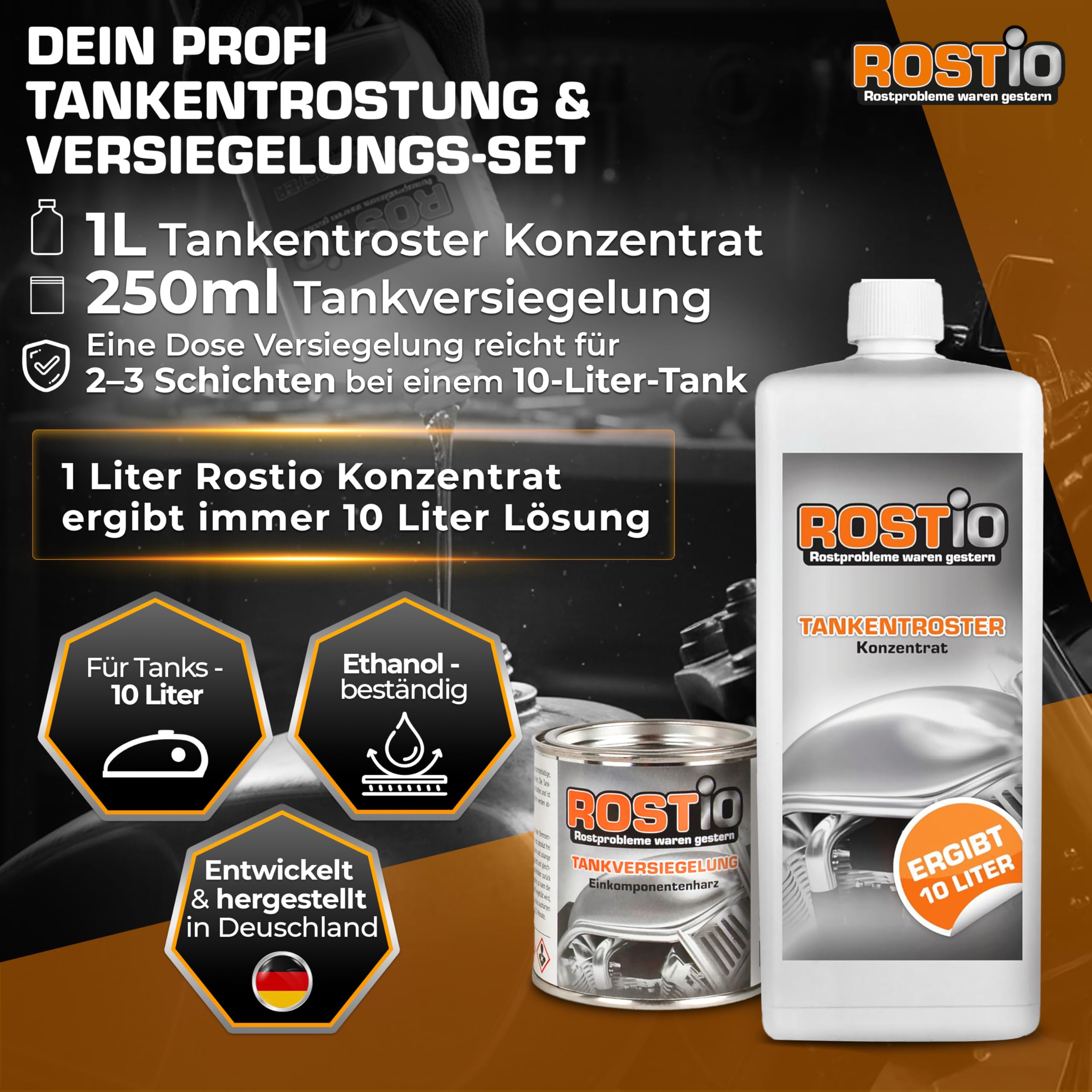 Rostio Tankentroster-Set 1L – inkl. 250ml Tankversiegelung – hochergiebig (1:10) – für Tanks bis 10L – Rostentferner & Korrosionsschutz – ethanolfest & flexibel – Set zur Tanksanierung