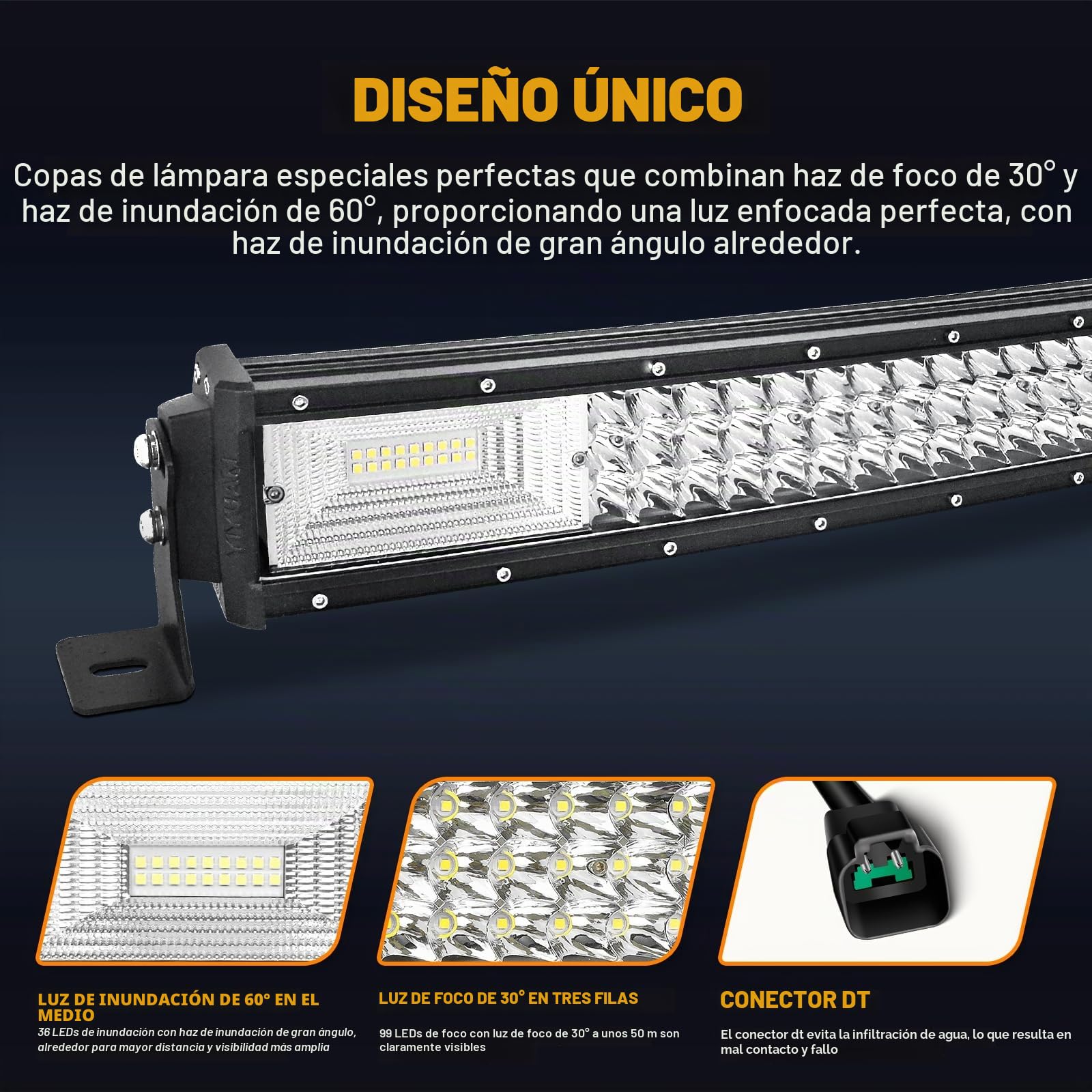 AUXTINGS Barra de luz LED curvada de 52 pulgadas 675W haz de inundación lente de triple fila luces de buceo con kit de arnés de cableado para todoterreno ATV AWD SUV 4WD 4x4, conector DT de 12V 24V
