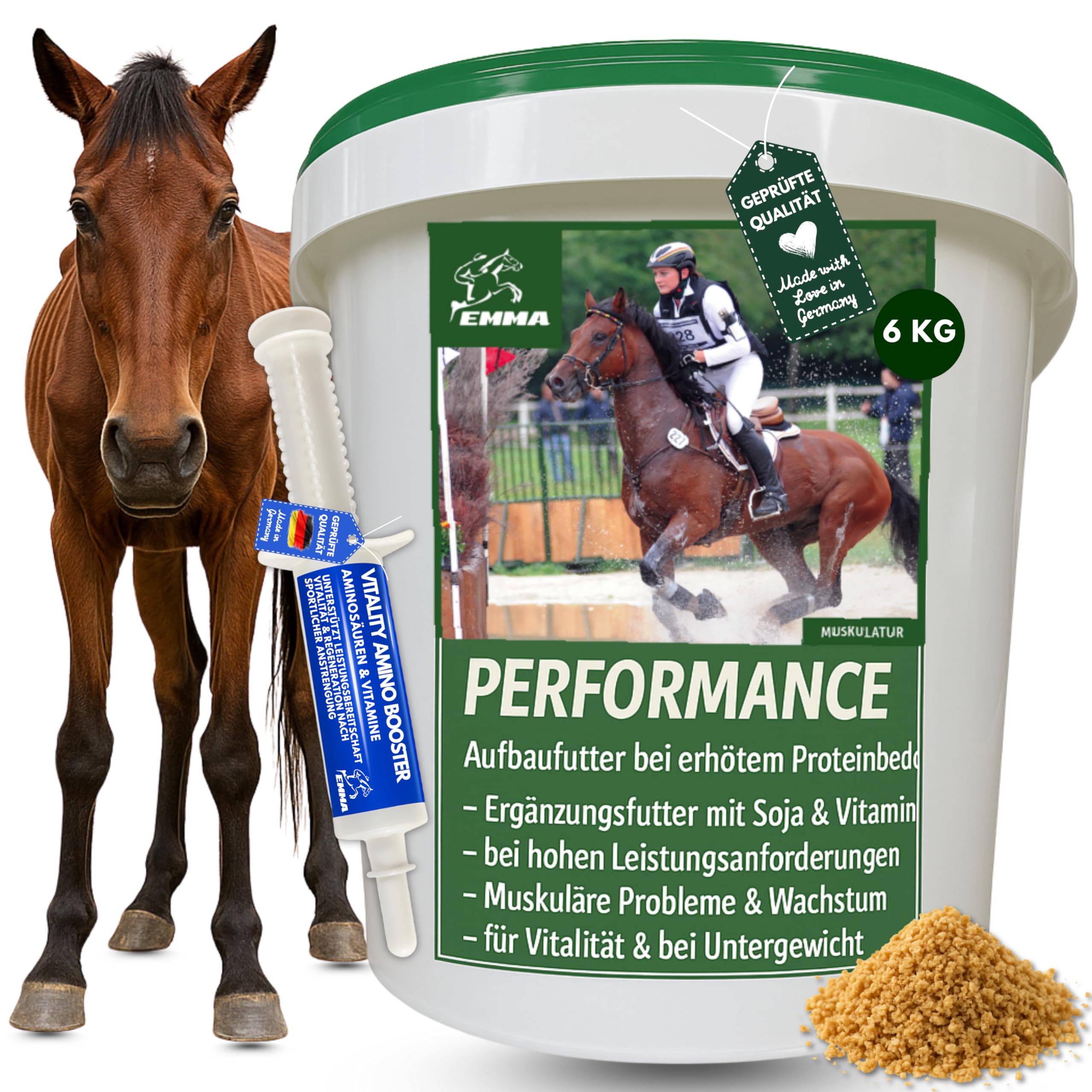 Mangime per cavalli + Amino Booster 6Kg 30ml Polvere per l'accrescimento muscolare + estrazione di soia Grist Horse I Vitamina E Selenio Horse, Biotina Zinco I Muscle Plus proteine per la muscolatura