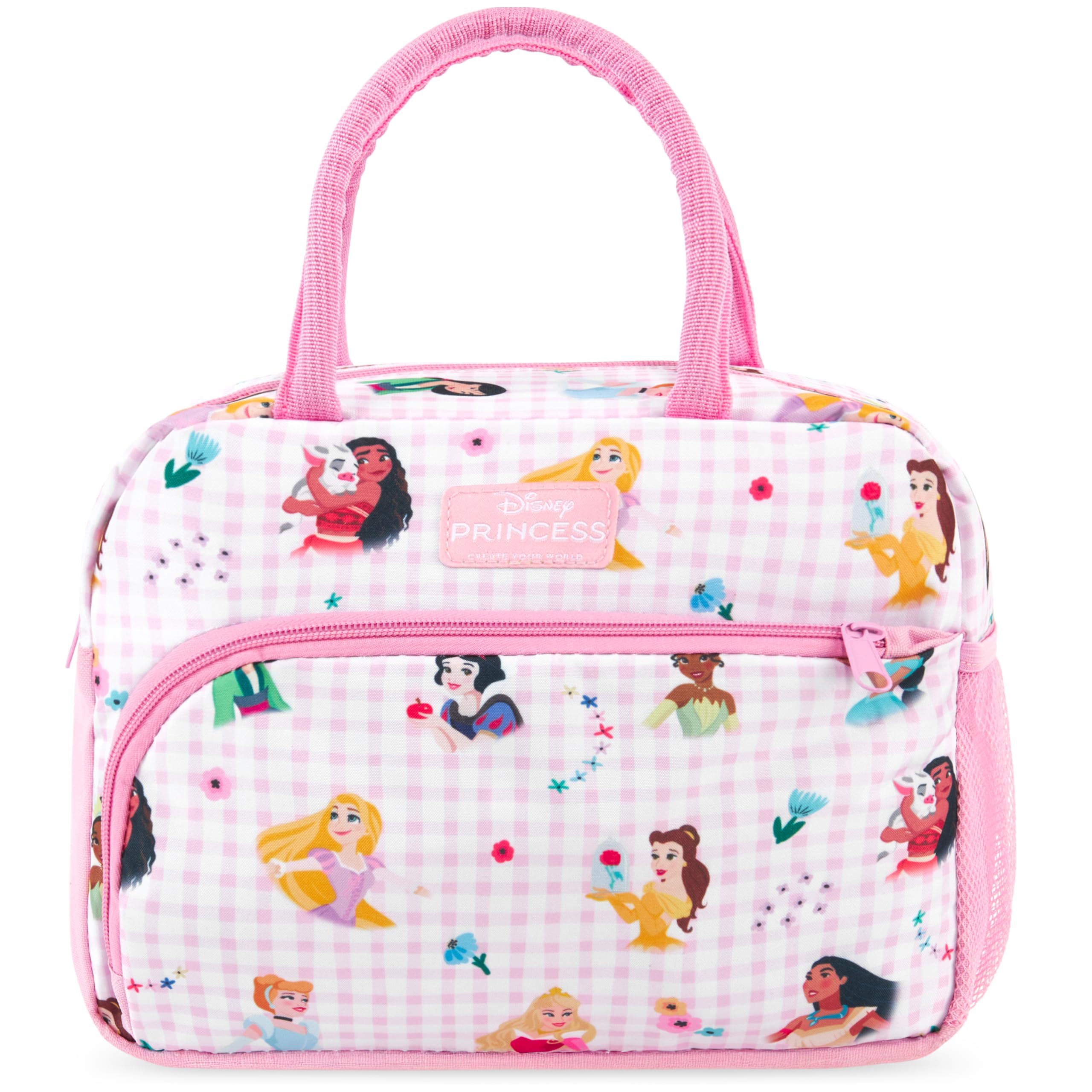 Get Trend Disney Princess Girls Insulated Lunch Tote Bag, Dual Handle Cooler Bag with Bottle Holder & Front Pocket, Food Carrier for School, Picnic & Travel, Girls Gifts (Pink Princess)