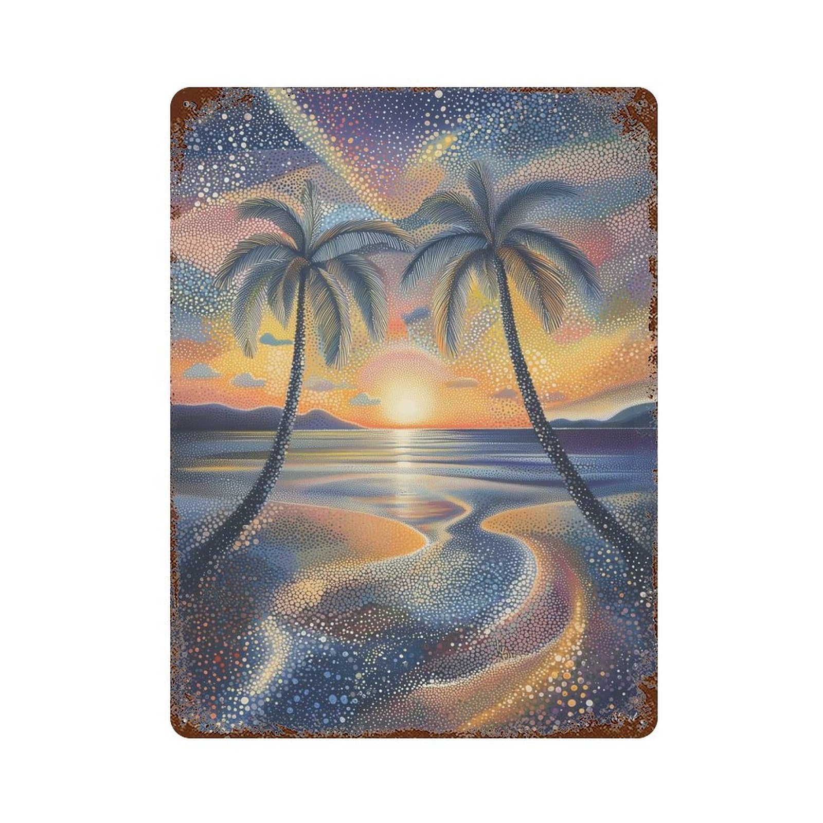 Tropical Sunset in Pointillist Style 15.7"x11.8" Rust Effect Tin Sign, Industrial Home Decor for Living Room, Hallway And Home Decor