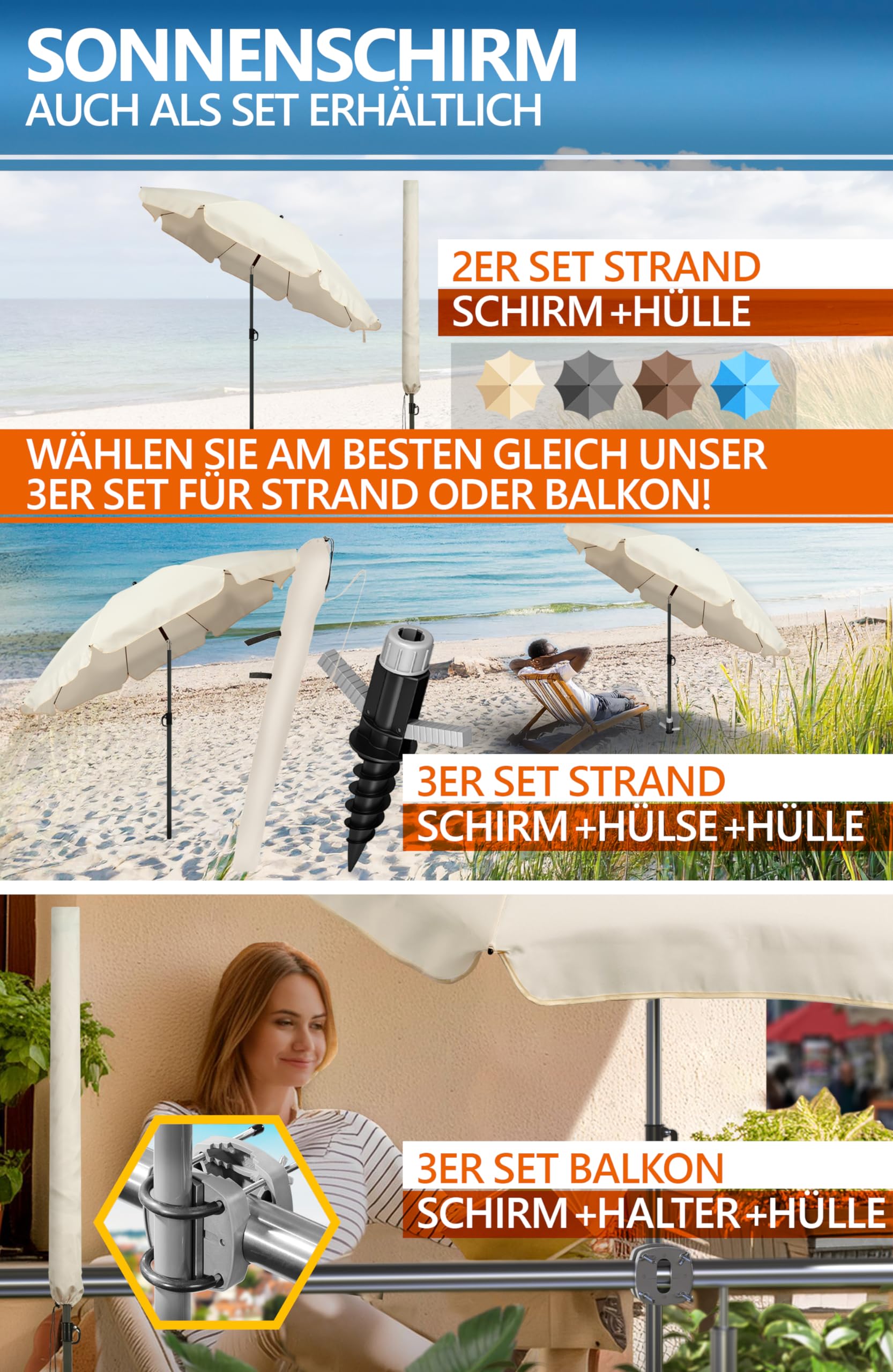 4smile Sonnenschirm Balkon Ø 180cm, Beige - Sonnenschirm Strand mit Hülle - Balkonschirm mit Knickfunktion, UPF 50+ Gartenschirm, Strandschirm windfest stabil SunnyJoy