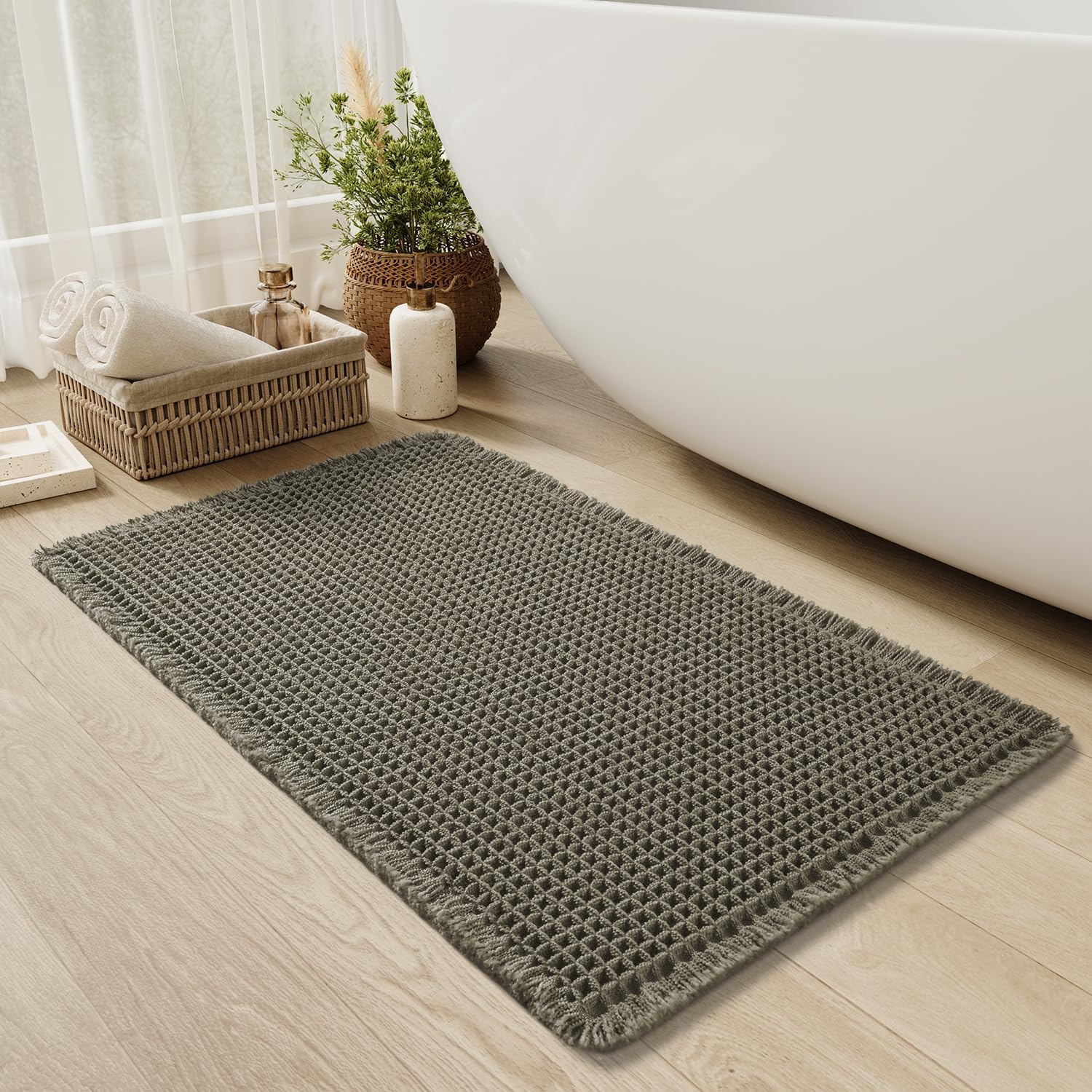 Upgraded Waffle Bath Mat Non Slip Super Absorbent Quick Dry Bath Mats for Bathroom Floor Machine Washable Bathroom Mat Ultra Soft Boho Bathroom Rugs with Tassels Beside Tub, 17" x 24", Brown — view 19