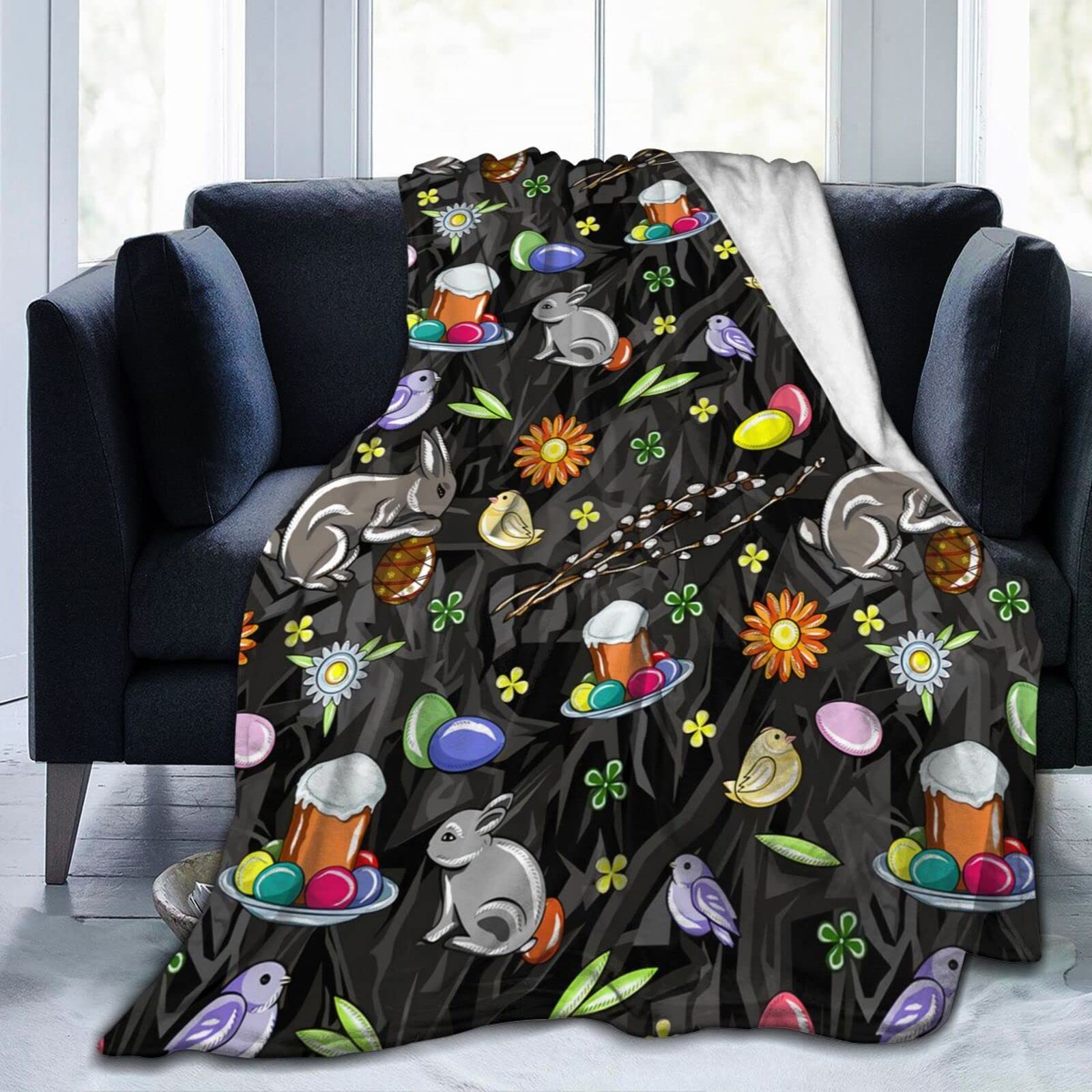 Lsjuee Easter Pattern Throw Blanket Soft Cozy Lightweight Blankets Easter Bunny Flannel Blanket for Sofa Couch Bed Office Holiday Decorative 50"X40"