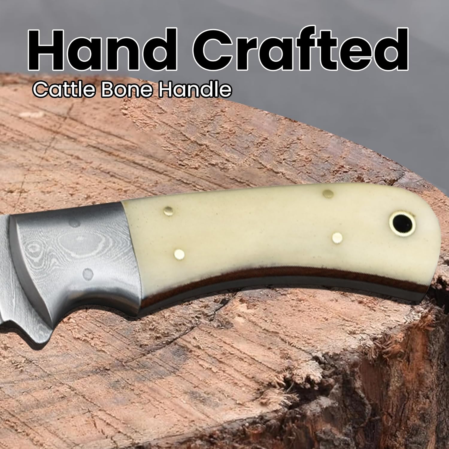 Knives Ranch Handmade All-Rounder Damascus Steel 7-1/2" Knife with Cattle Bone Handle and Heavy-Duty Leather Horizontal Carrying Cowboy Style Sheath (2142-B)