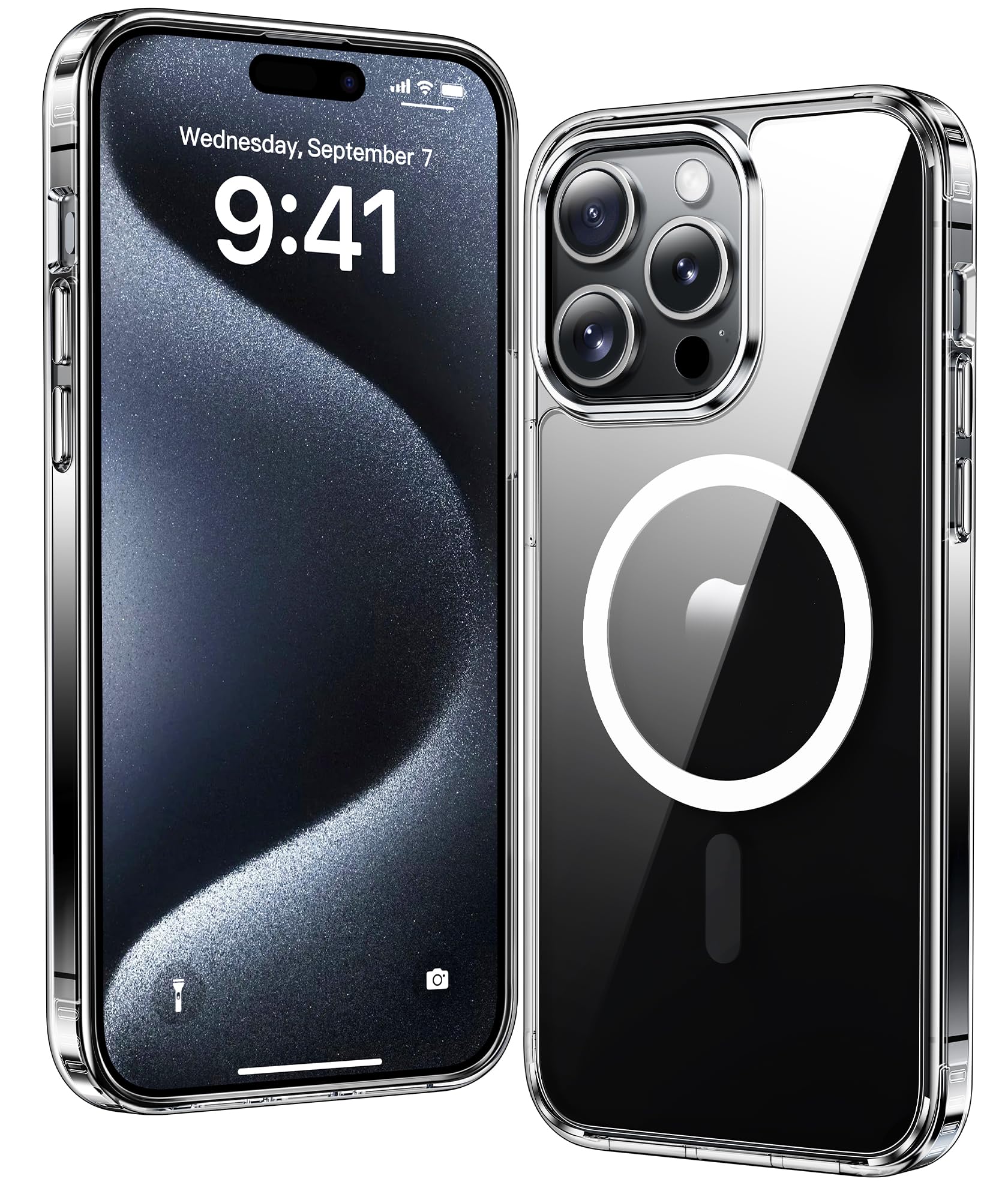 FNTCASE for iPhone 15 Pro Case: Strong Magnetic Anti-Yellowing Slim Clear Phone Case | Military Grade Protection &amp; Shockproof Drop Protective Thin Transparent Cover(Clear Crystal)