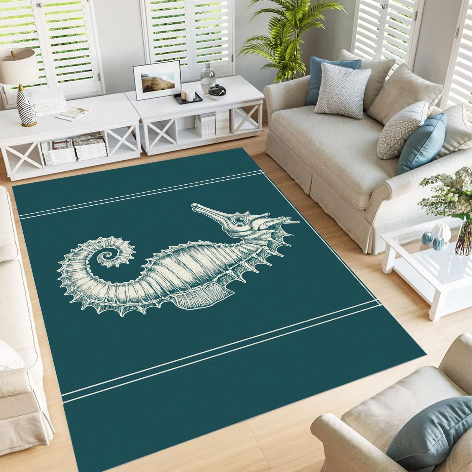 Tapis de salon lavable hippocampe rayé 150x210 cm