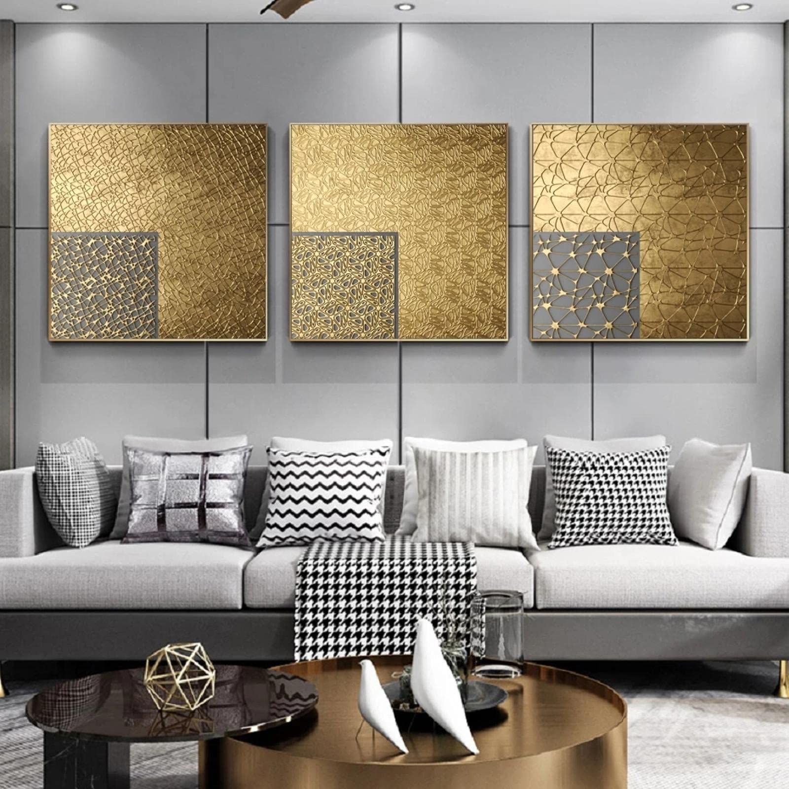 Toile abstraite carré or d'exception, triptyque géométrique haut de gamme 60x60cm - 8