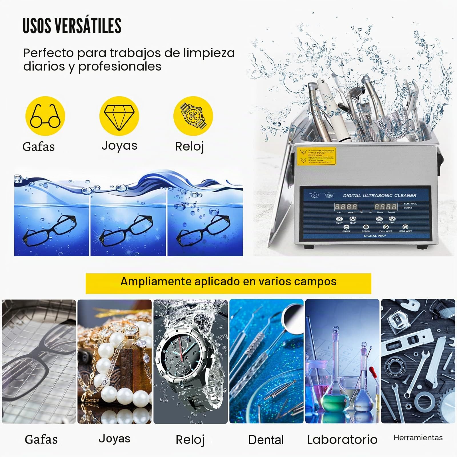 VEVOR Limpiador ultrasónico 6L Limpiador ultrasónico profesional de doble frecuencia 28/40KHZ aparato de limpieza ultrasónico con tanque de acero inoxidable para joyas, gafas, reloj de dientes