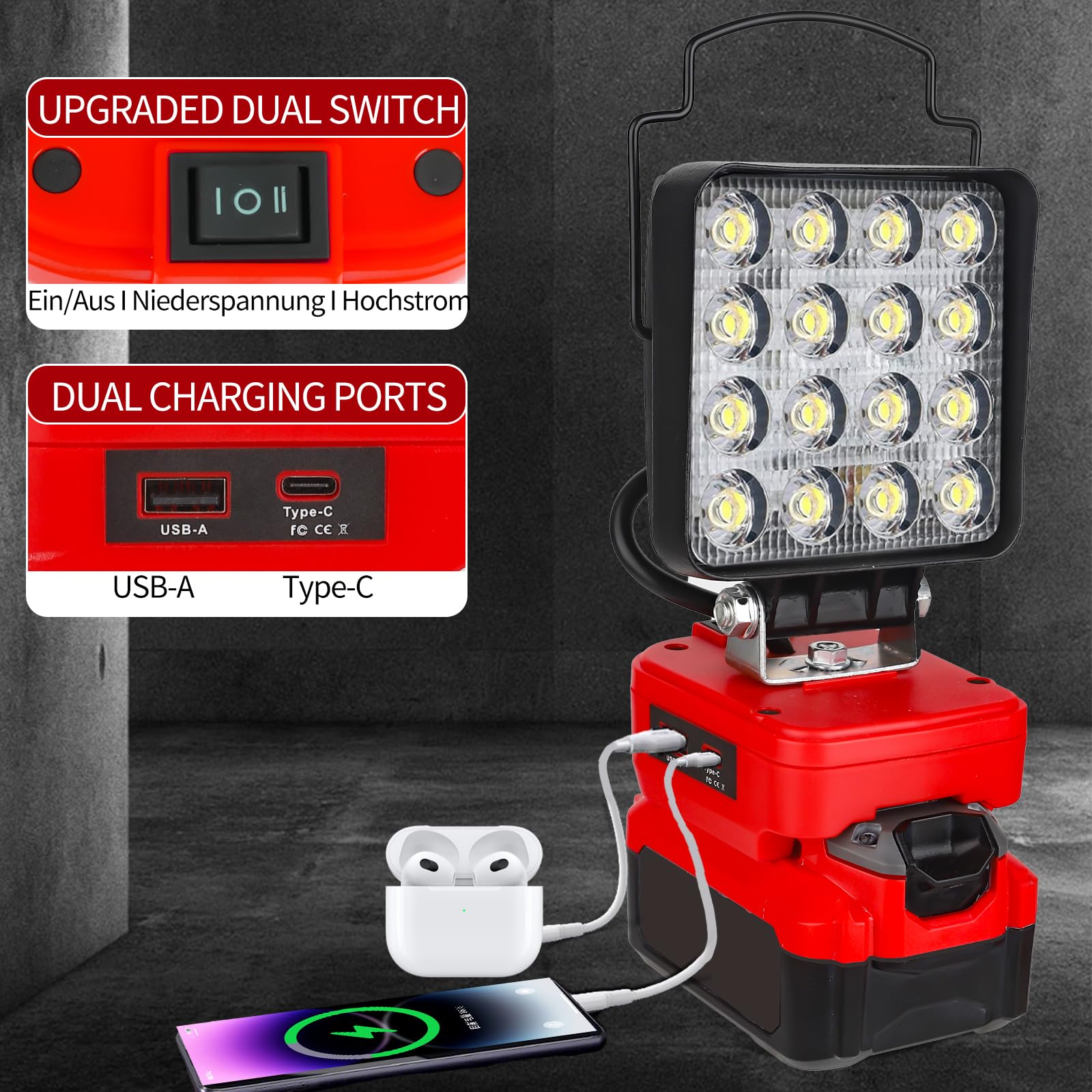 Cordless LED Flashlight for Craftsman V20 Battery, 48W LED Work Light with USB-A&Type C Ports for Jobsite, Car Repairing, Camping, Emergency