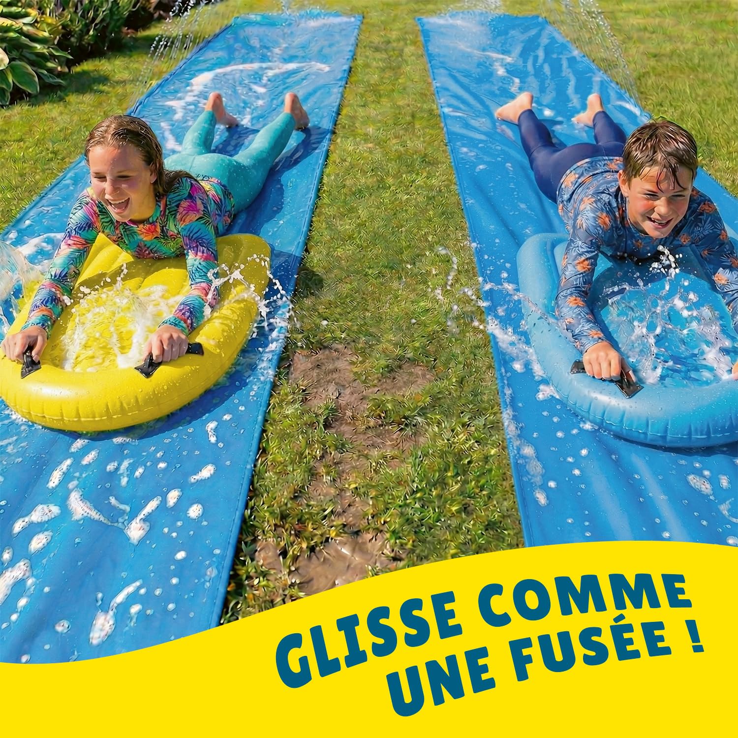 Pack Ventriglisse Géant XXXXL 20 Mètres | 2 Tapis de Glisse 10 Mètres + 2 Planches Bodyboards pour Mieux Glisser + 1 Litre Savon Naturel Extra-Glissant | Slip'n Slide Jeux d'eau | OriginalCup