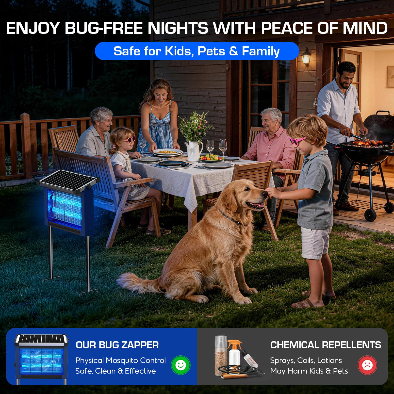 Solar Bug Zapper Outdoor Wasserdicht, 4500V High Power Cordless Mückenzapper mit Smart Light Sensor, Dual Solar & USB Wiederaufladbarer Insektenvernichter für Terrasse, Garten, Hinterhof, Indoor