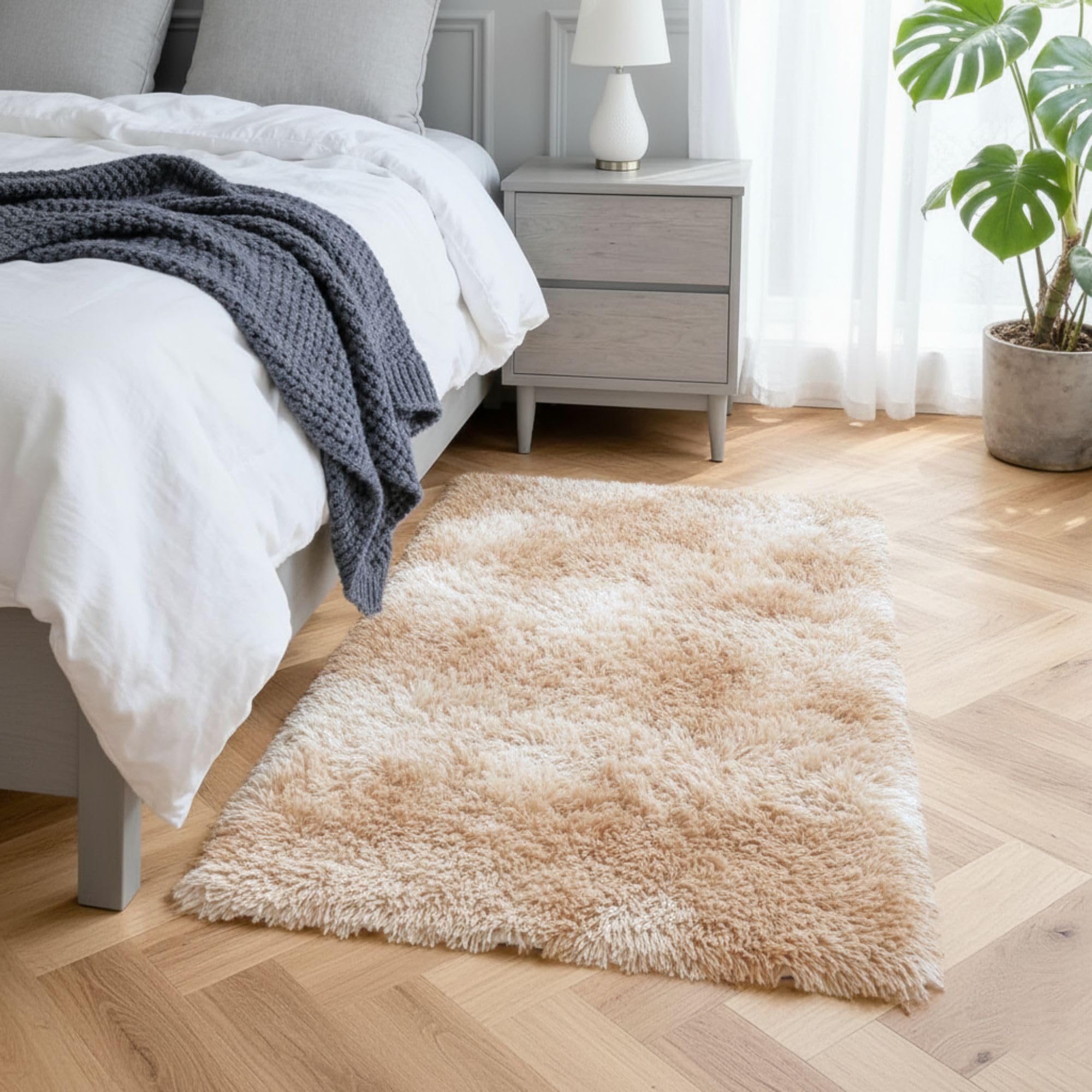 Hafaa Fluffy Shaggy Rugs Living Room Tie-Dye Cream 50x80 cm, Soft Thick Pile Carpet Bedroom, Non Slip Small Bedside Rug for Kids Nursery Room Non-Shedding