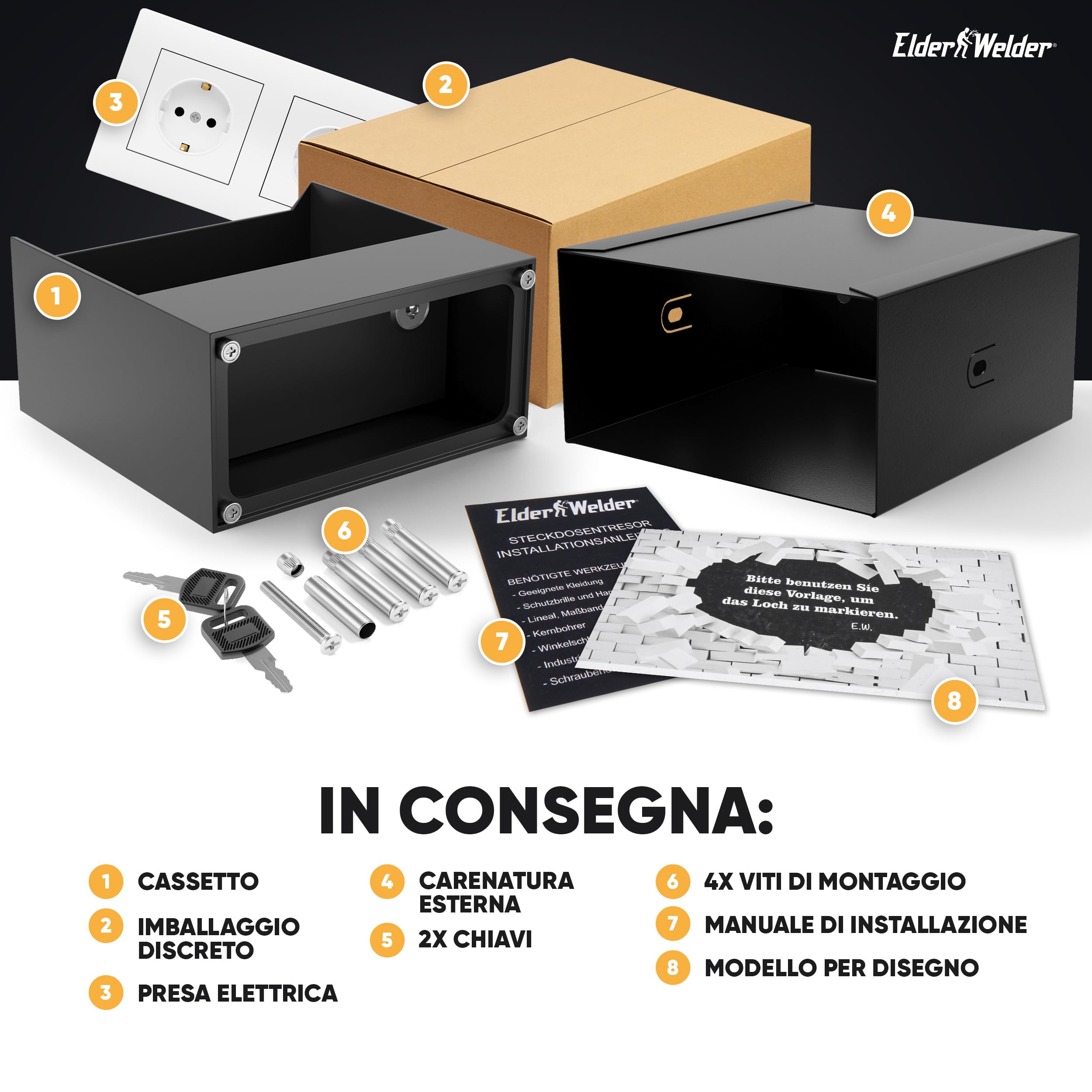 Elder Welder® Cassaforte Invisibile a Presa Elettrica | Compatibile con Qualsiasi Presa Doppia Schuko | Mini Cassaforte a Muro con Chiave | Nascondiglio per Soldi