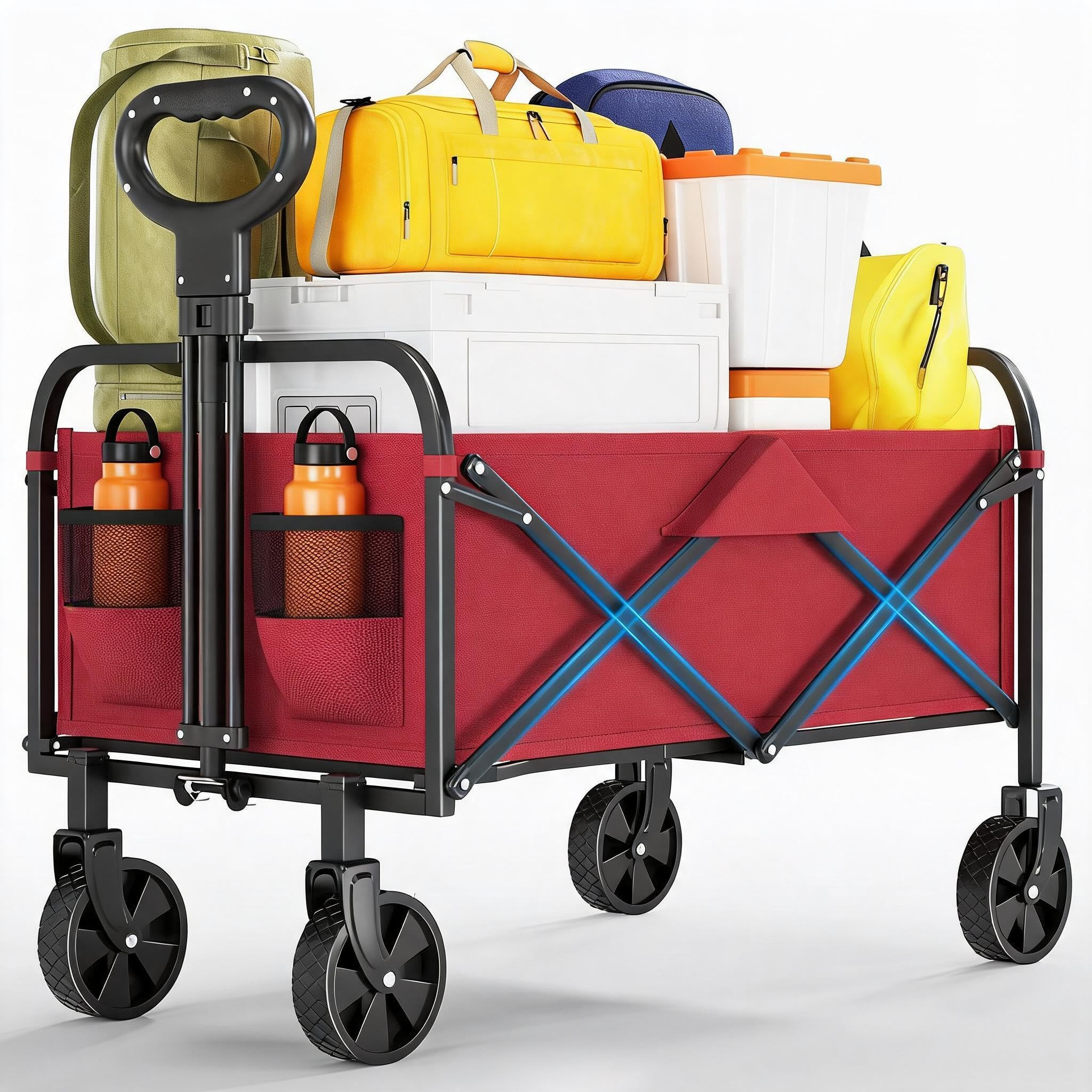 Heavy Duty 220L Folding Wagon Cart – 380lbs Load, Collapsible Utility Trolley – All-Terrain 5" Wheels, Adjustable Handle, Drink Holders, Outdoor Furniture – Red