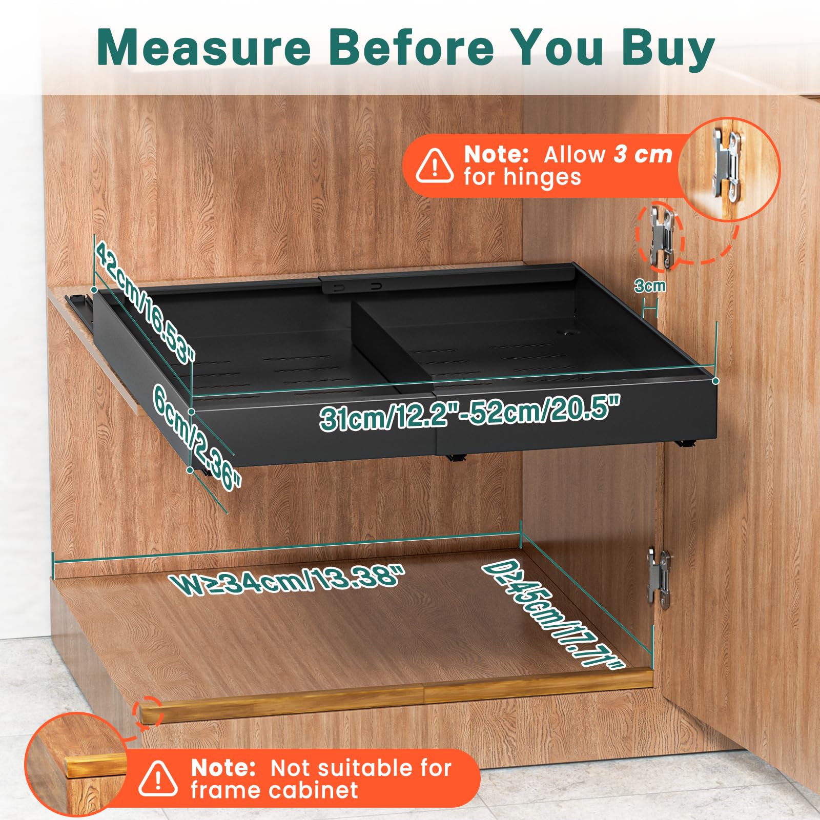 Ausziehbarer Schrank Organizer – Erweiterbare Teleskopschublade für Küchenschränke, Breitenverstellbarer Schrankauszug, Slide-Out Drawer für Küche & Vorratsraum (1 Stück, Schwarz)