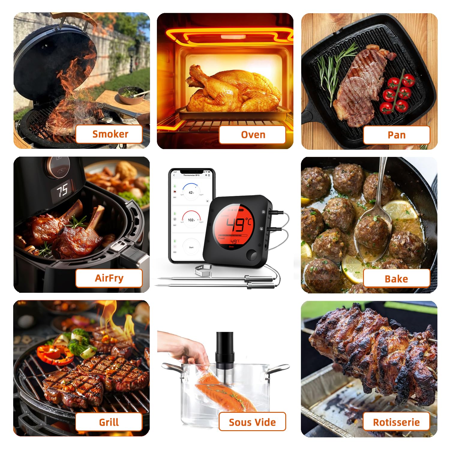 BFOUR Termometro da Cucina Digitale Termometro per Cucina Bluetooth Termometro per Carne Barbecue Wireless Termometro da Forno con Timer BBQ Griglia LED Display App 6 Sensori (Nero, 4 Sonde)