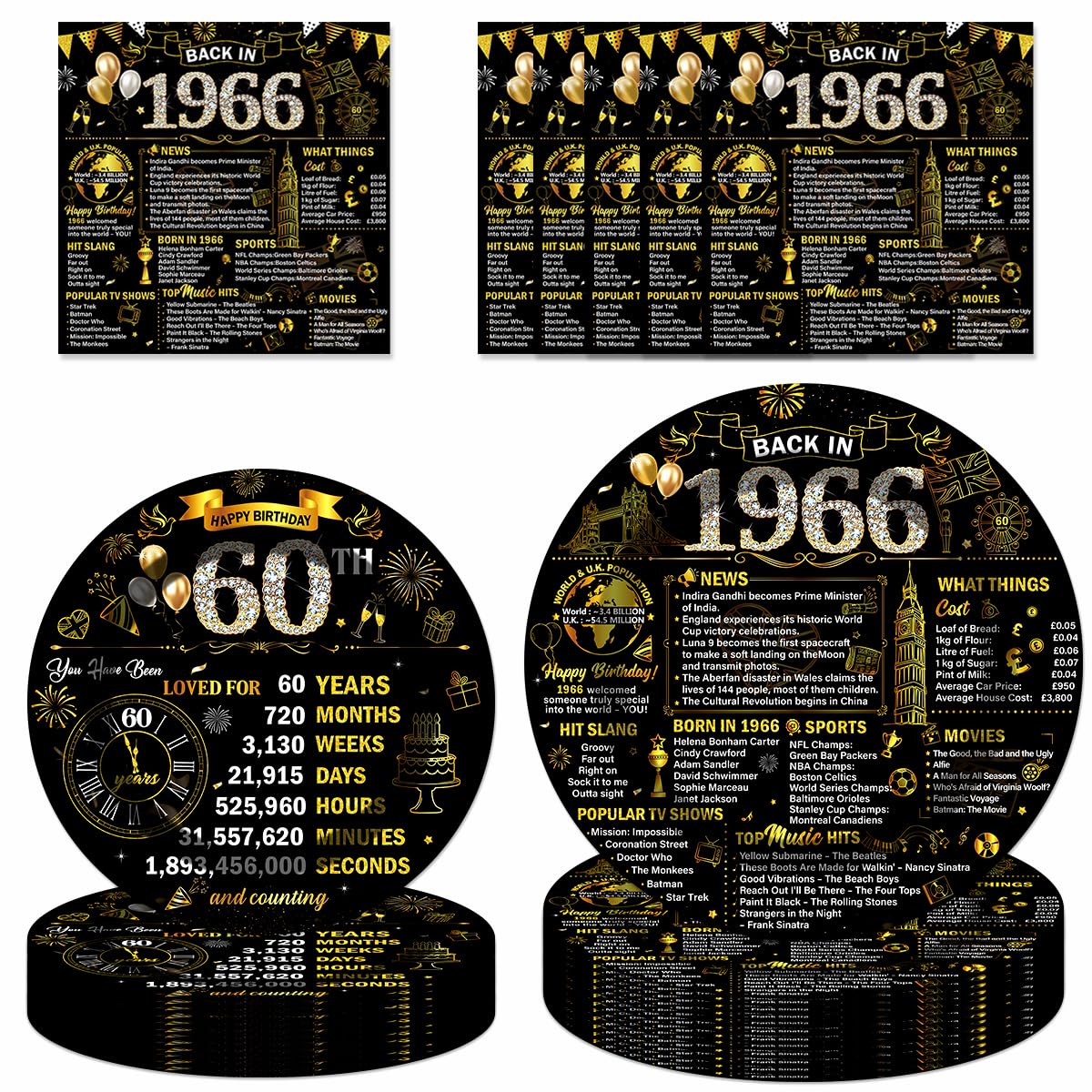 72Pcs Black Gold 60th Birthday Decorations Tableware Set Back in 1966 Paper Plates Napkins Happy Birthday 60th Disposable Tableware Decor for Women Men 60 Year Old Bday Party Favor Serve 24 Guests