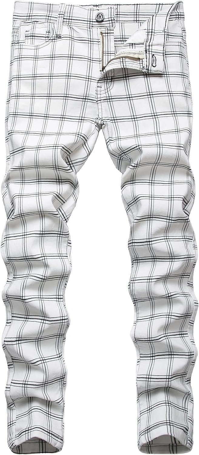 Plaid Pants for Men, Stretch Mens Slim Fit Dress Pants Skinny Flat-Front Fashion Business Casual Chinos Pants 32 White