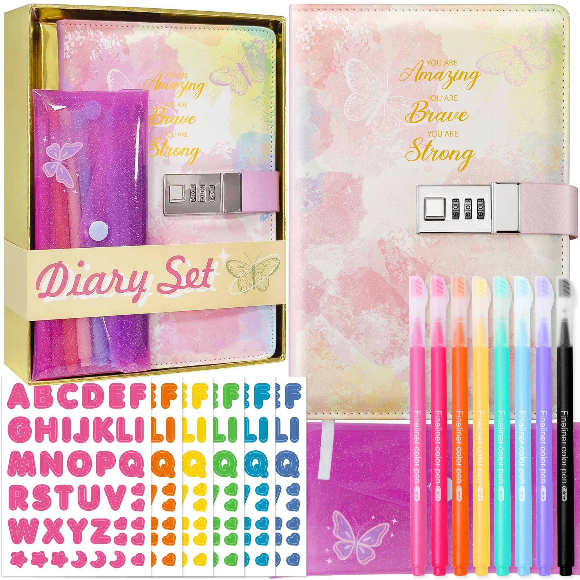 Diary with Lock for Girls - 30Pcs Girls Diary Set, Kids Journal with Lock, Leather Journal Notebook, Pencil Pouch, 8 Color Pens, 20 Stickers, Ideal Christmas Gifts for 8 9 10 11 12 13 14 Year Old