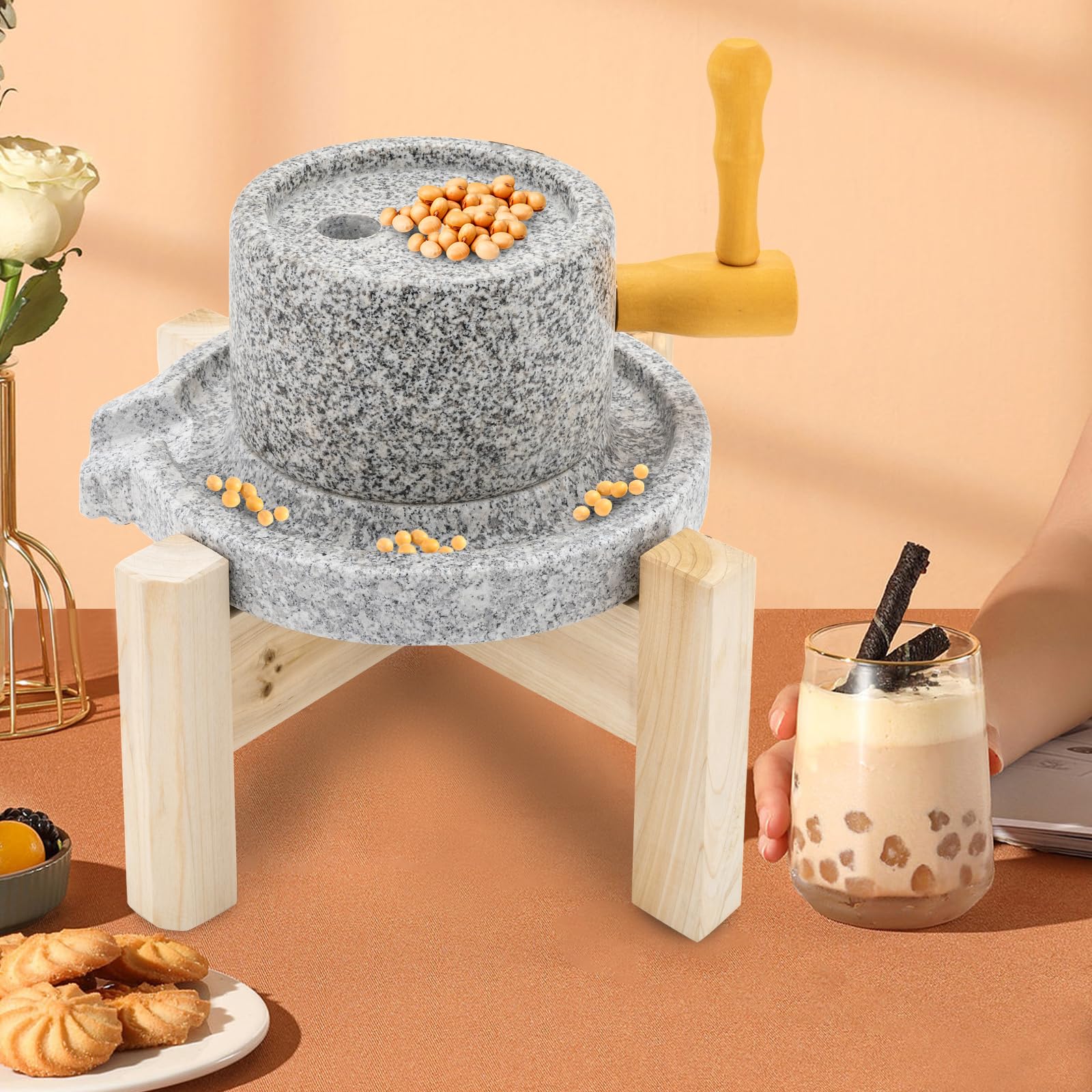 LyeXD Natural Hemp Stone Paste Mill, Manual Dry/Wet Graphite Machine Tool with Stand & Filter Bag, Handmade Stone Grainer Mill For Hand Milled Rice Peanuts Corn Soy Flour Grinder