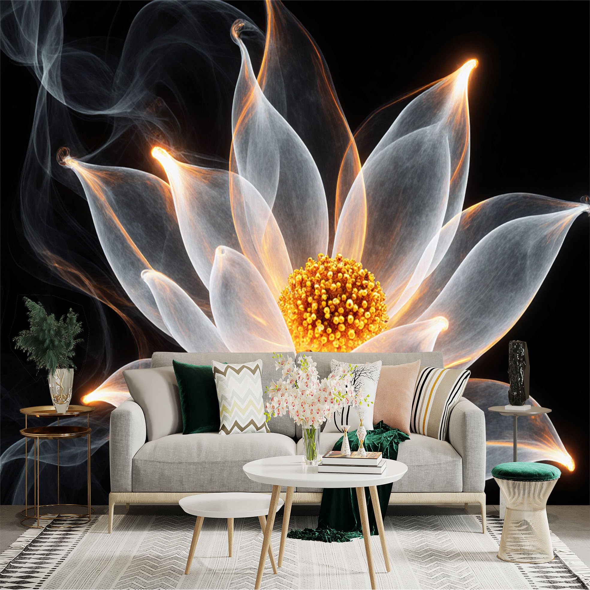 Custom Size Wall Sticker Mural， Glowing Abstract Lotus Flower， Ethereal Light Petals， Modern Artistic Floral Bloom， for wall Decoration， peelandstick wall Decals.